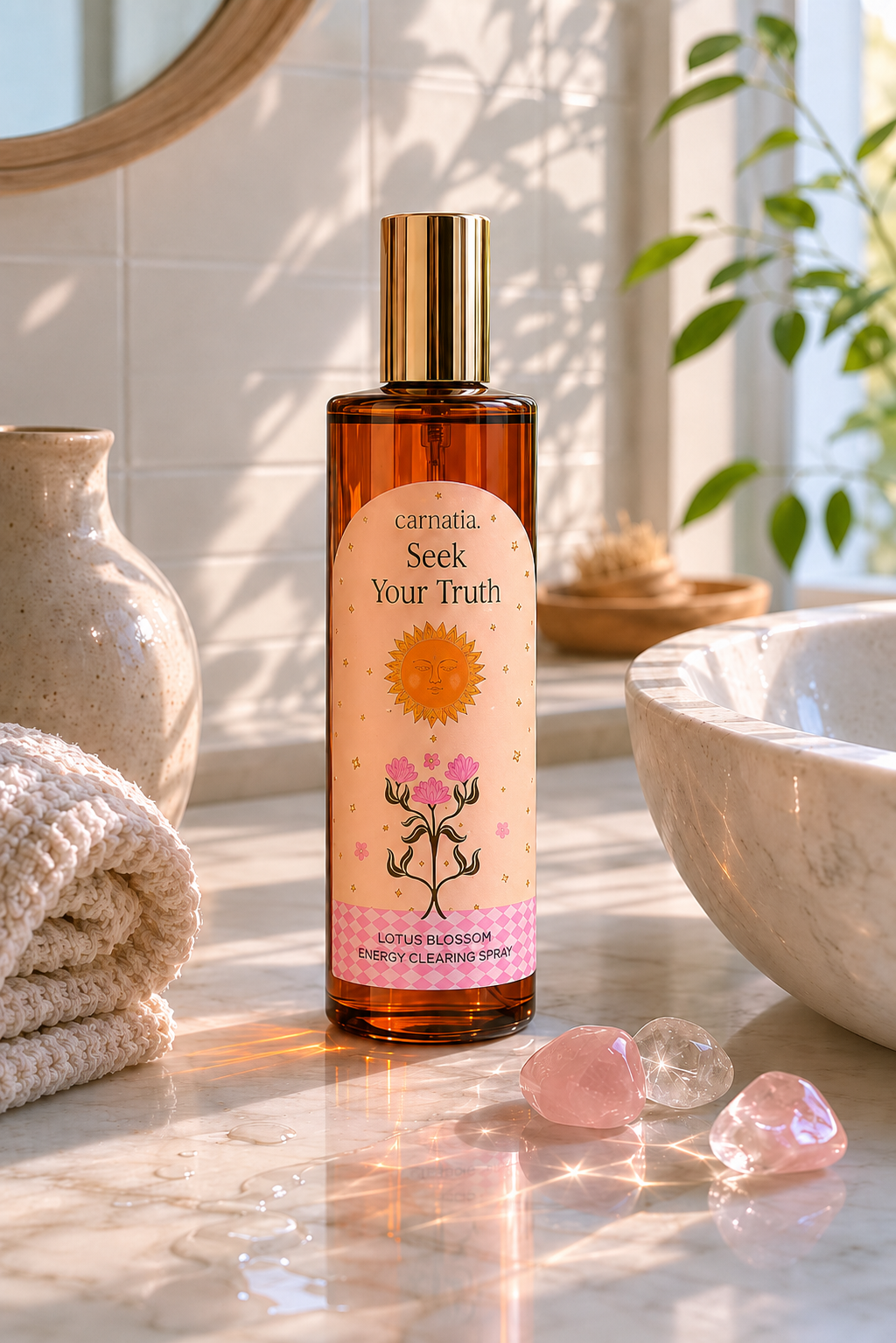 Lotus Blossom spray i ljust badrum med skandinavisk spa-k&auml;nsla och trumlade kristaller