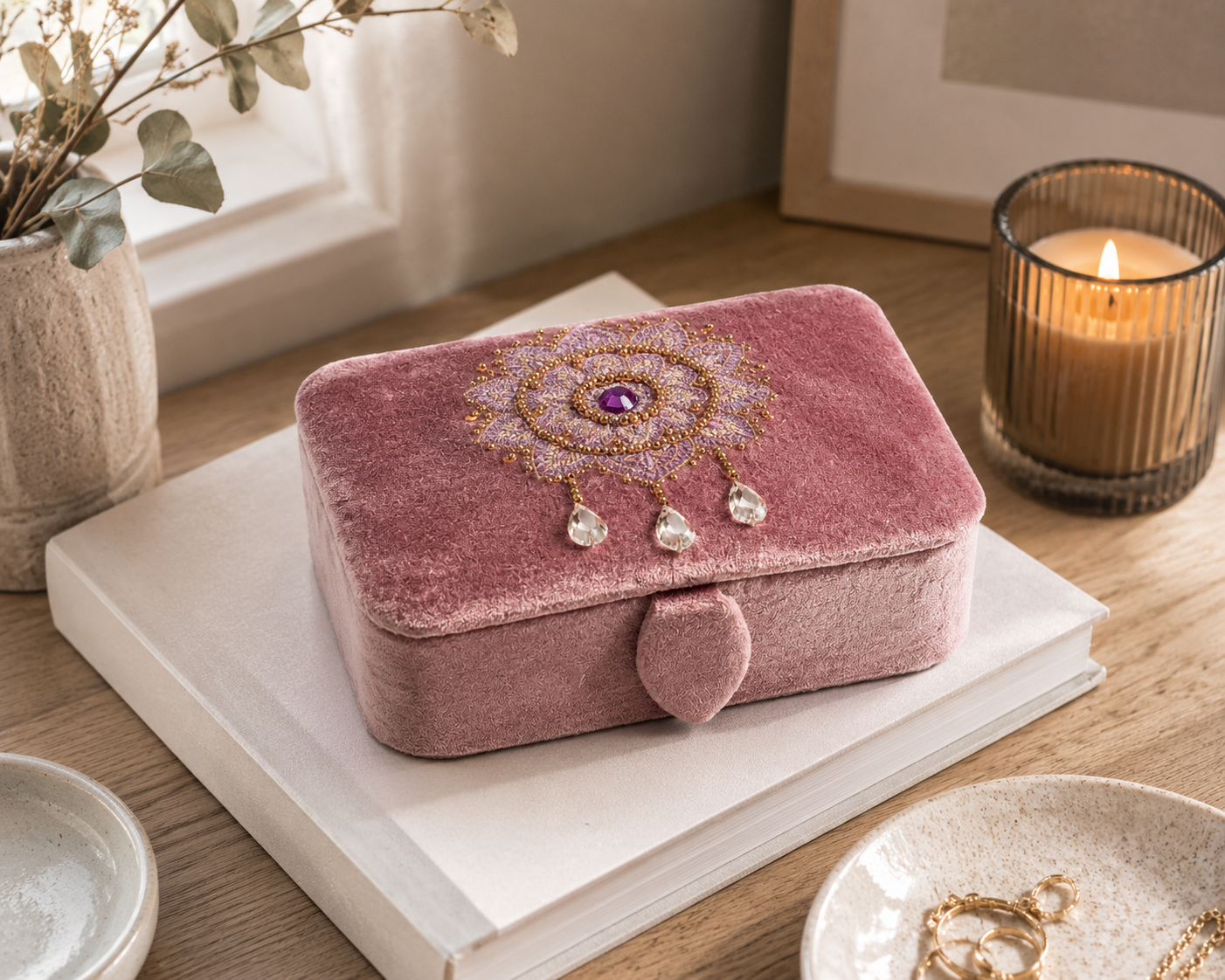 Ros&eacute;lila ask med mandala f&ouml;r smycken kristaller och tarotkort