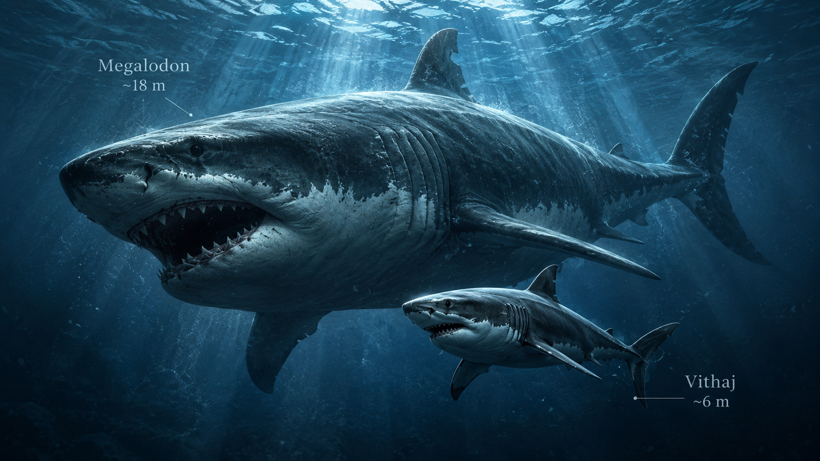 Megalodon i mörkt urtidshav med dramatisk undervattenskänsla