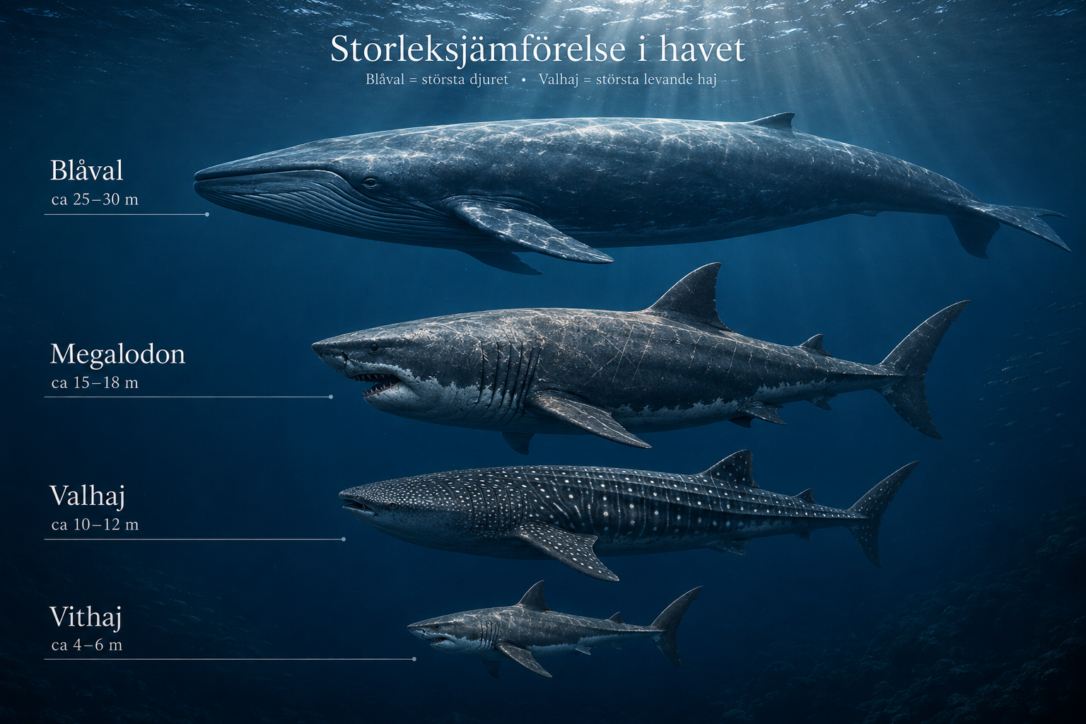 Storleksjämförelse mellan Megalodon och valhaj i havsmiljö