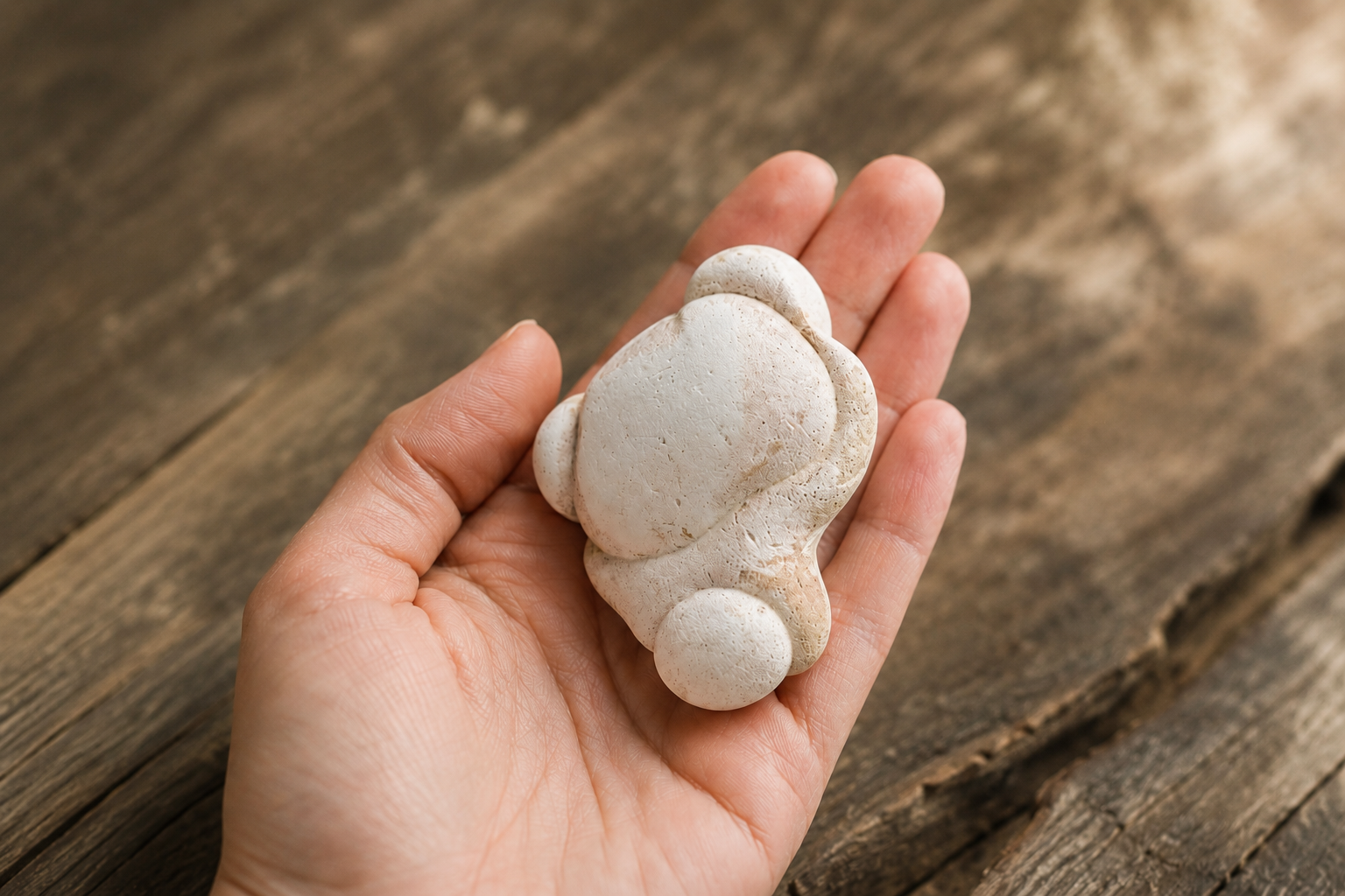 Menalit Goddess Stone i hand p&aring; rustikt tr&auml;bord
