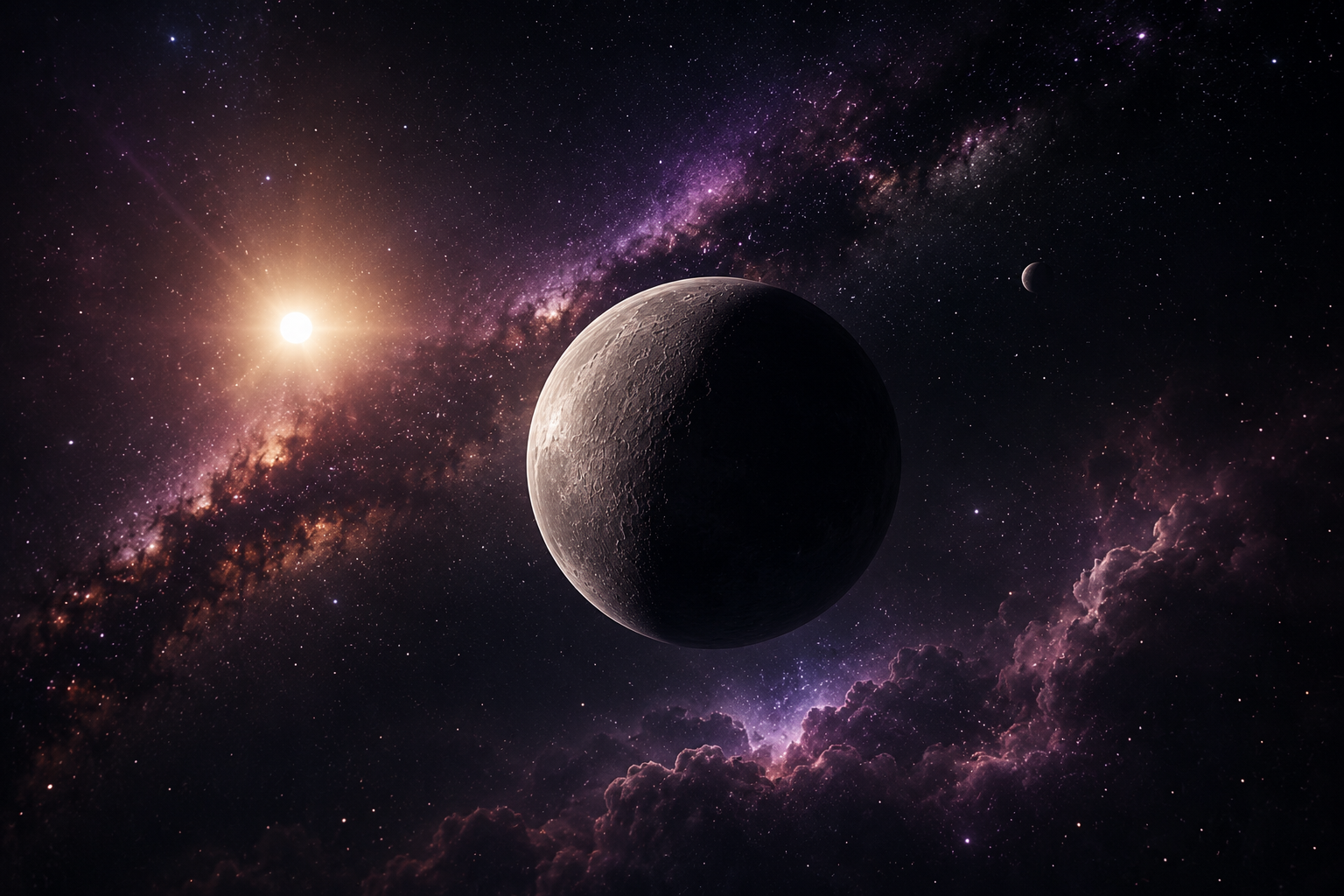 Kosmisk bild för Merkurius retrograd med stjärnhimmel, lila skimmer och planet