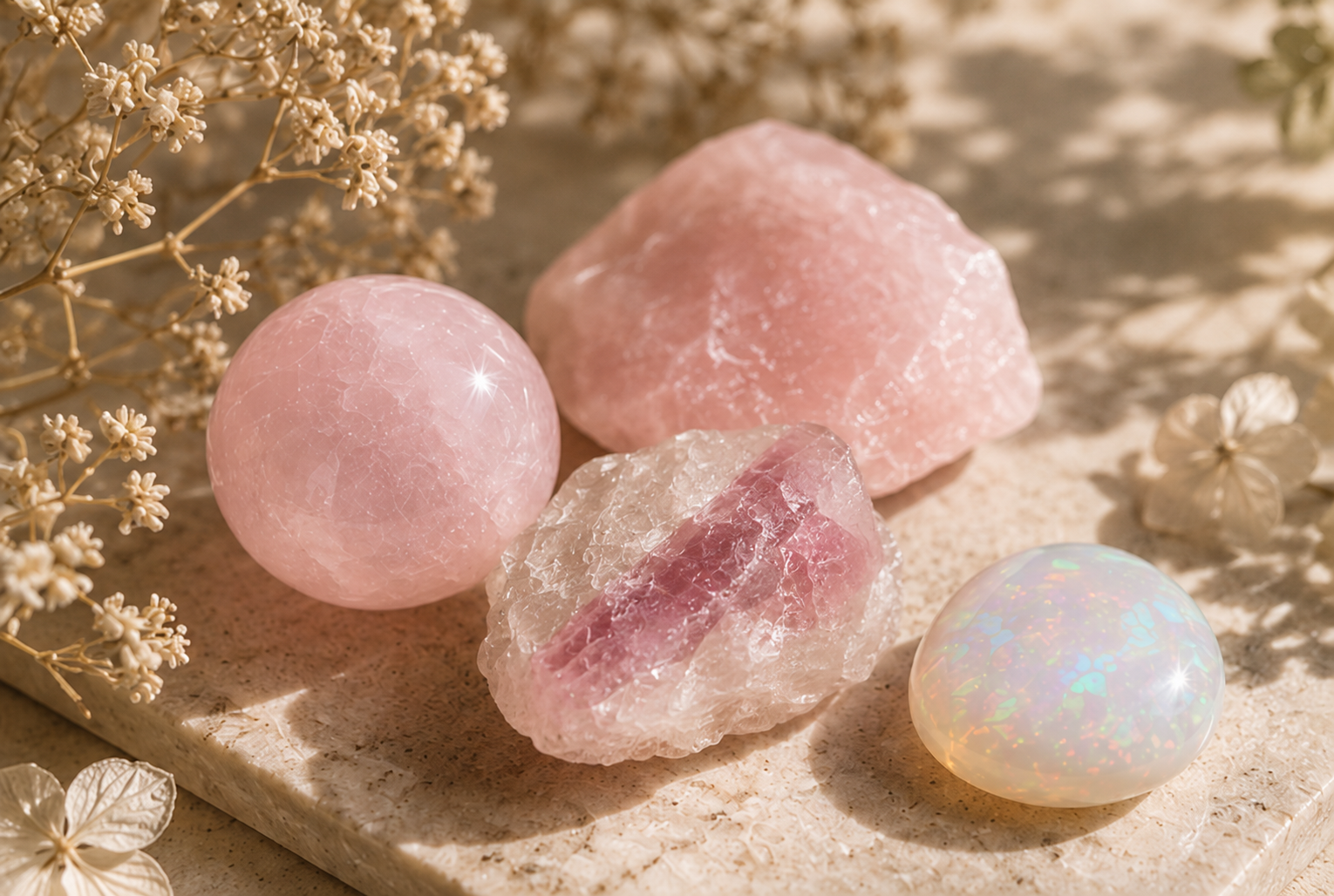 Oktober m&aring;nadssten med Opal, Rosa Turmalin och Rosenkvarts i mjuk rosa och skimrande milj&ouml; som personlig g&aring;va