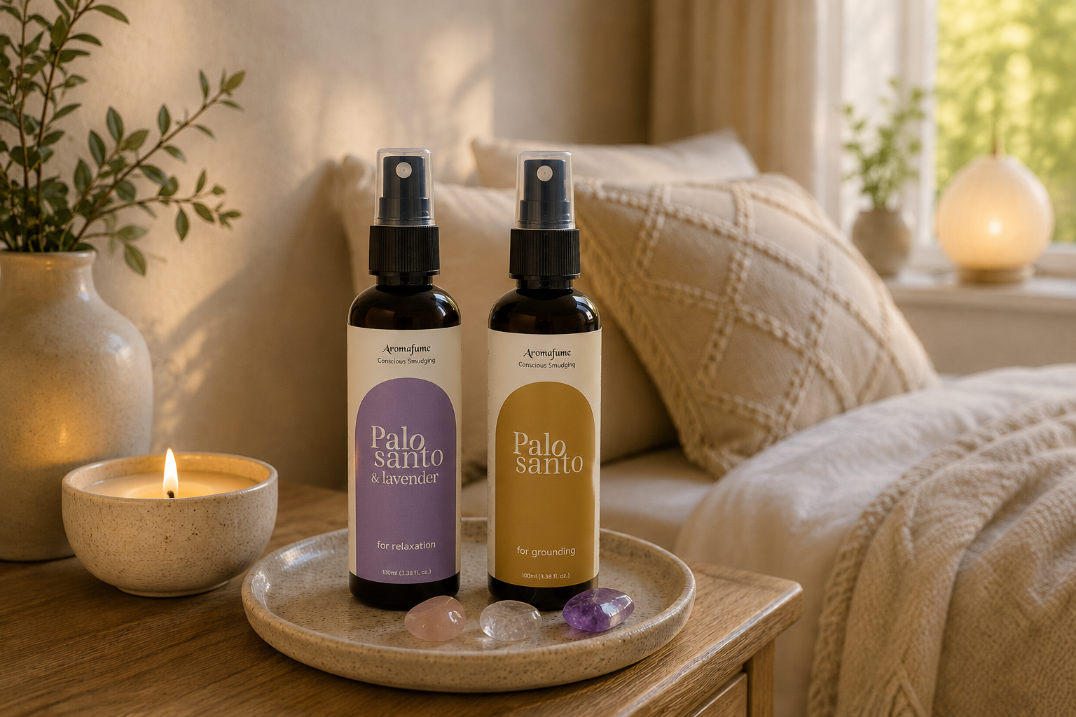 Palo Santo och Palo Santo lavendel spray p&aring; bricka i varmt hem med mjuk naturlig k&auml;nsla
