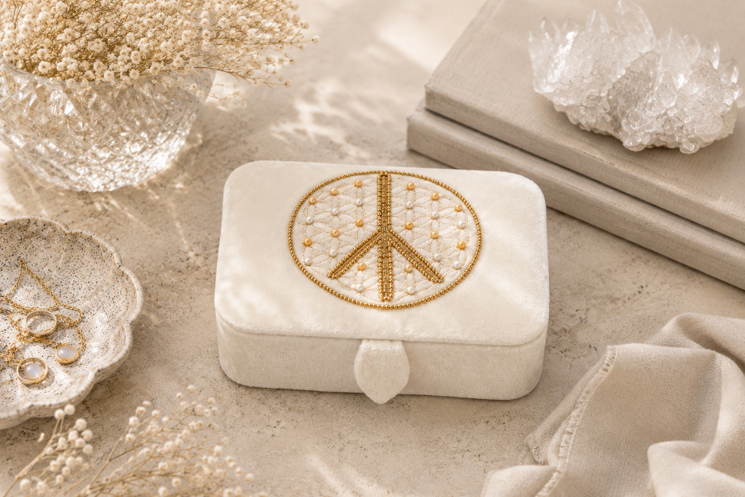 Cremevit broderad ask med Flower of Life och peace-symbol f&ouml;r smycken kristaller och tarotkort