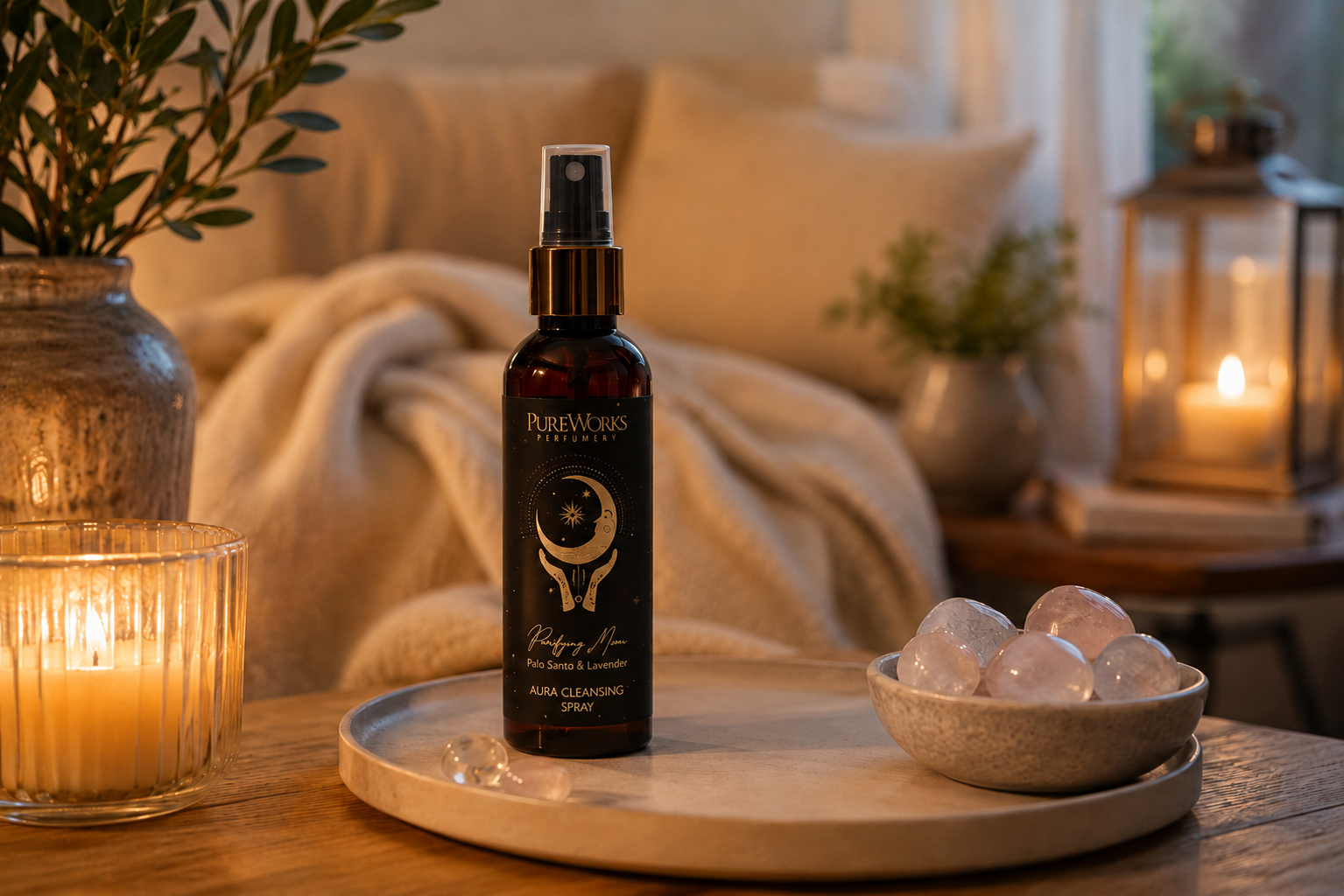 Purifying Moon och Boho Dreams aura spray i varm hemmilj&ouml; med kristaller och mjukt ljus