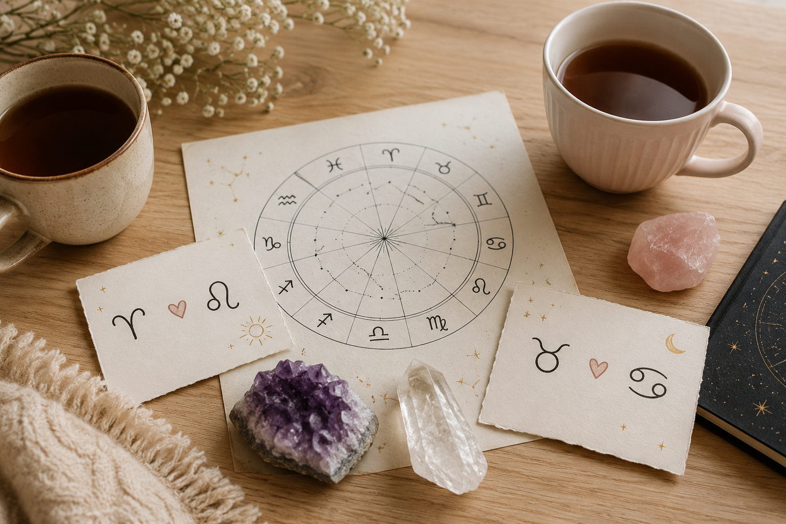 Astrologi, relationer och stj&auml;rntecken p&aring; ett ljust bord med kristaller och tv&aring; koppar