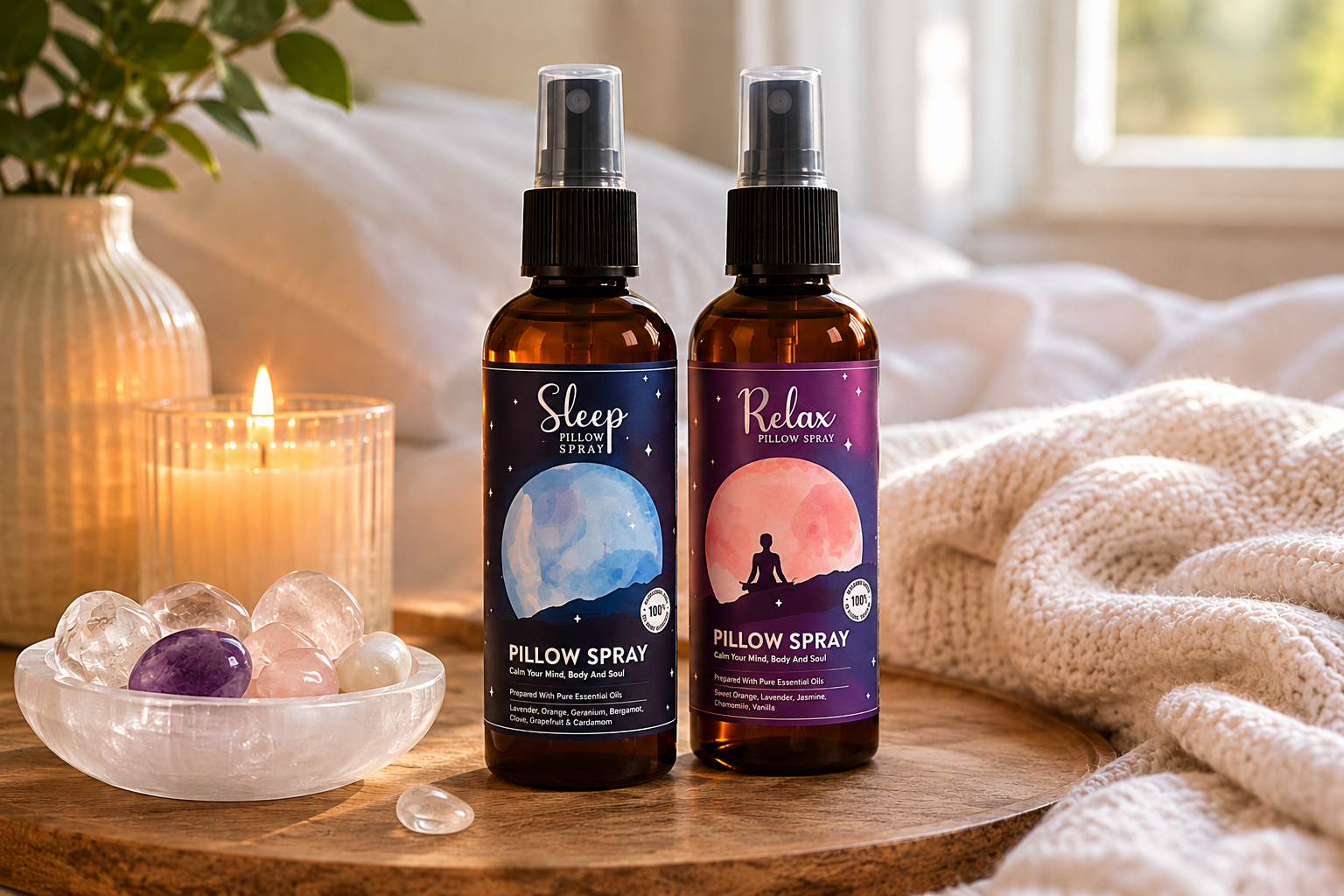Sleep och Relax spray p&aring; bricka i sovrum med vit b&auml;ddning och lugn harmonisk k&auml;nsla