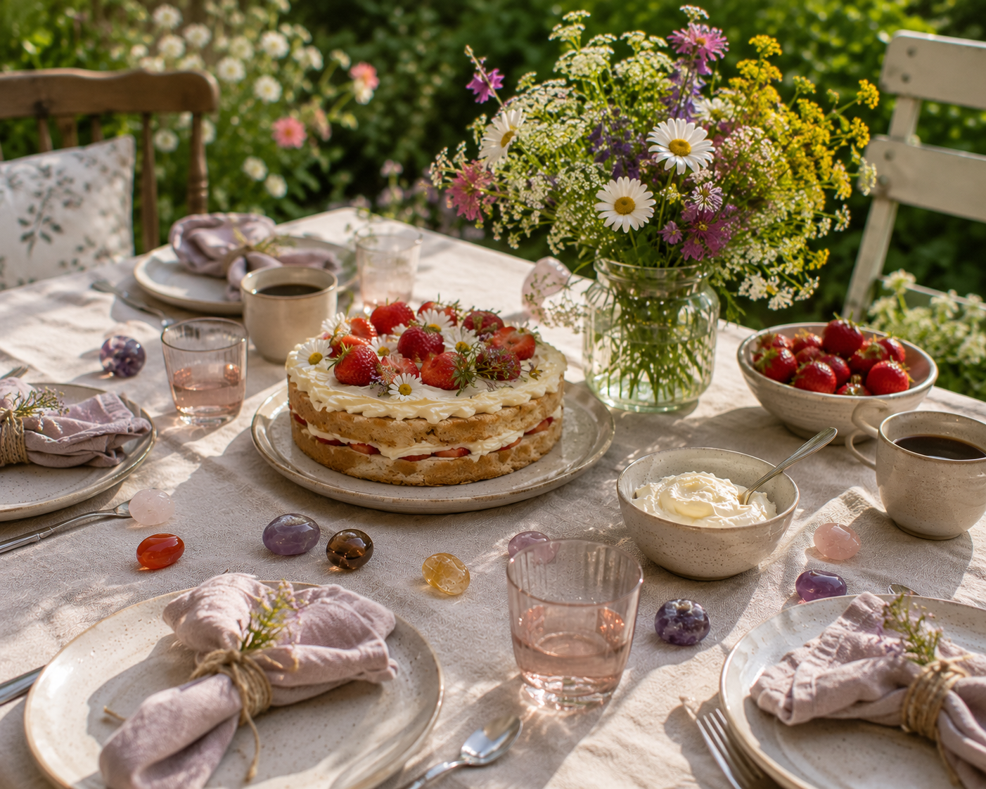 Sommarfika och trädgårdsdukning med kristaller, jordgubbar, blommor och tårta