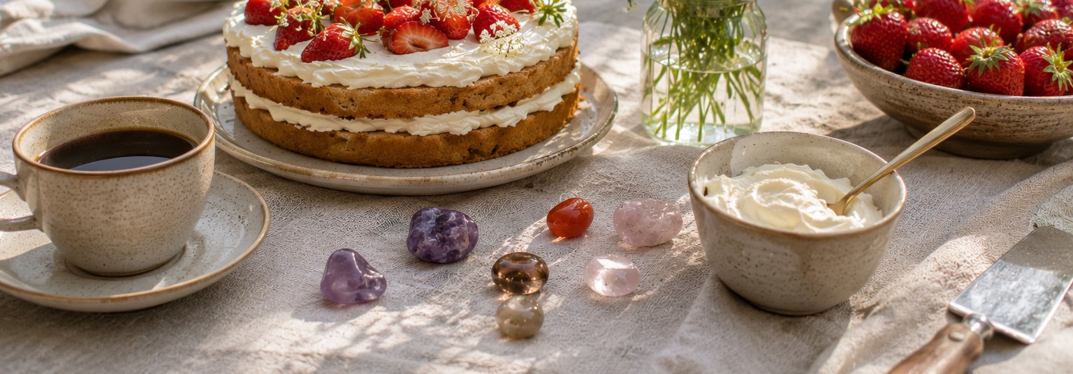 Sommardukning med kristaller, linne, blommor och ljus sommarkänsla