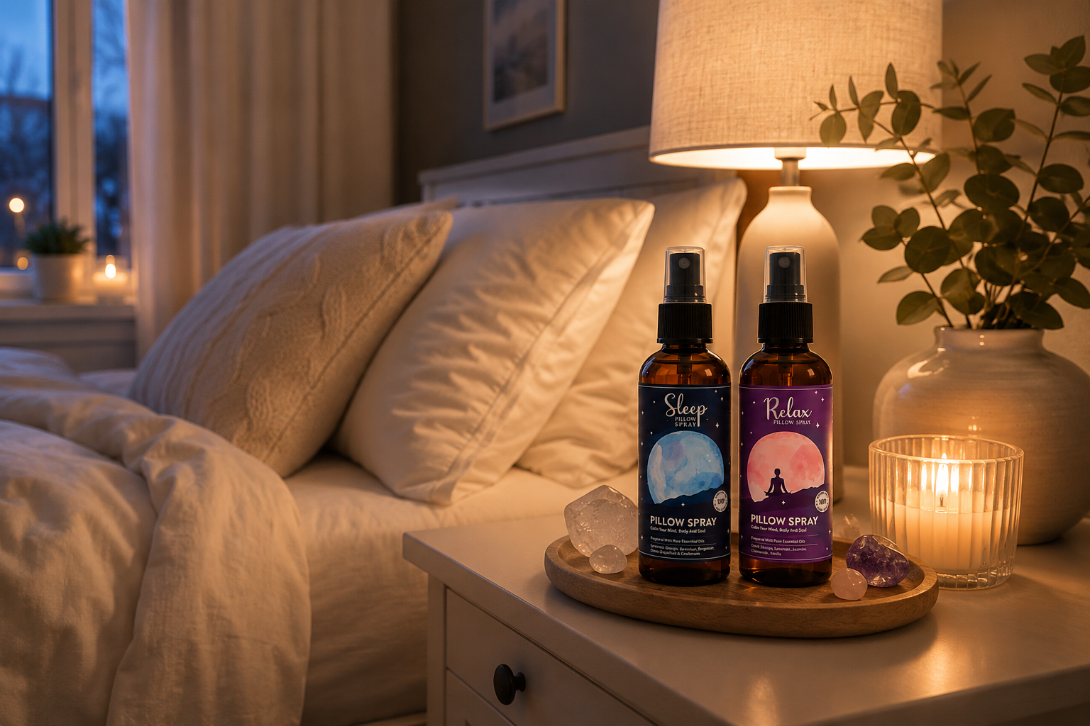 Sleep och Relax pillow spray vid s&auml;ng i varm kv&auml;llsk&auml;nsla med mjukt ljus