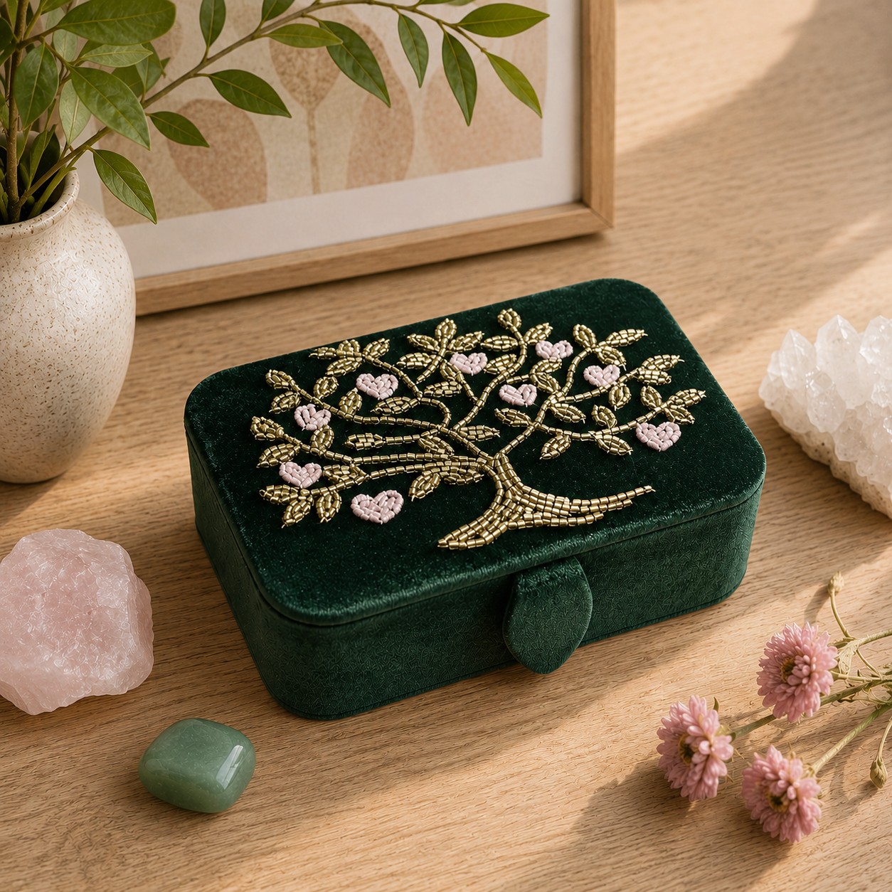 Broderad ask med Tree of Life f&ouml;r smycken kristaller och tarotkort
