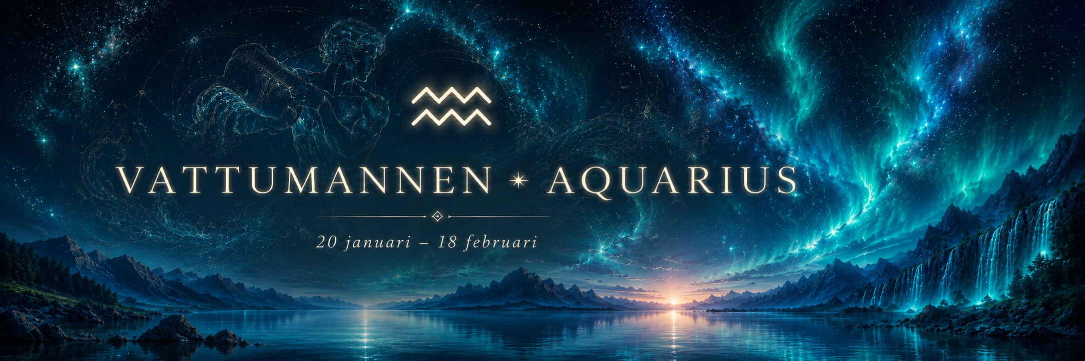 Vattumannen Aquarius med datum 20 januari till 18 februari i astrologisk design
