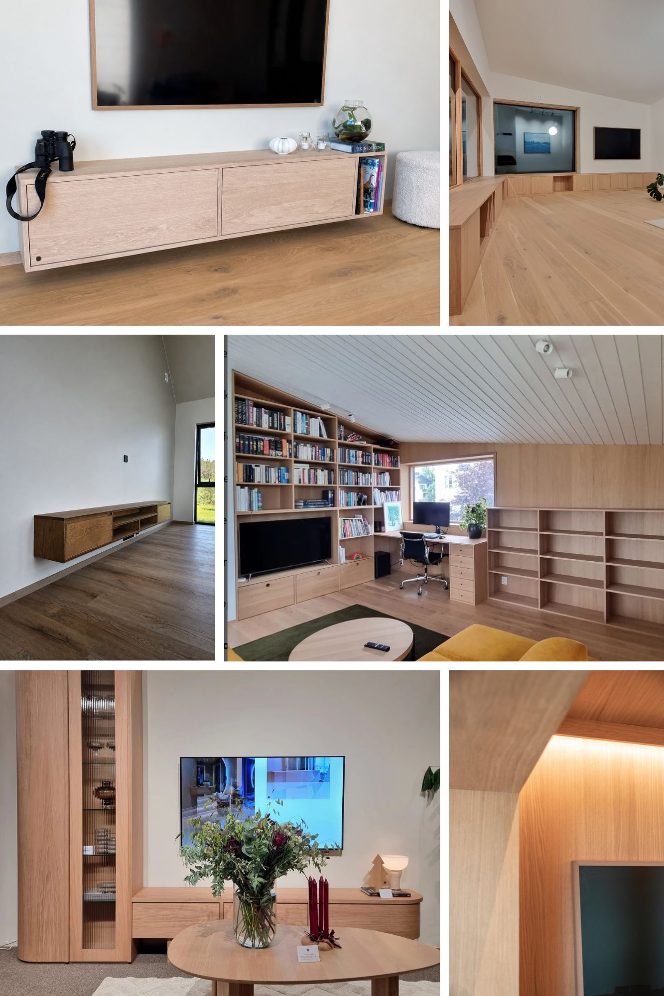 Plassbygde bibliotek og tv-benker produsert av Eriksen Fres og Design.