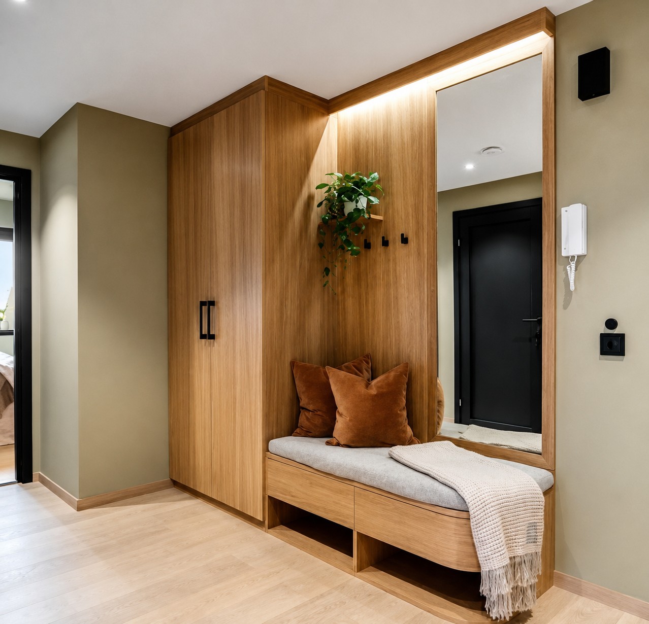Spesialtilpasset garderobe i eik produsert av Eriksen Fres og Design.