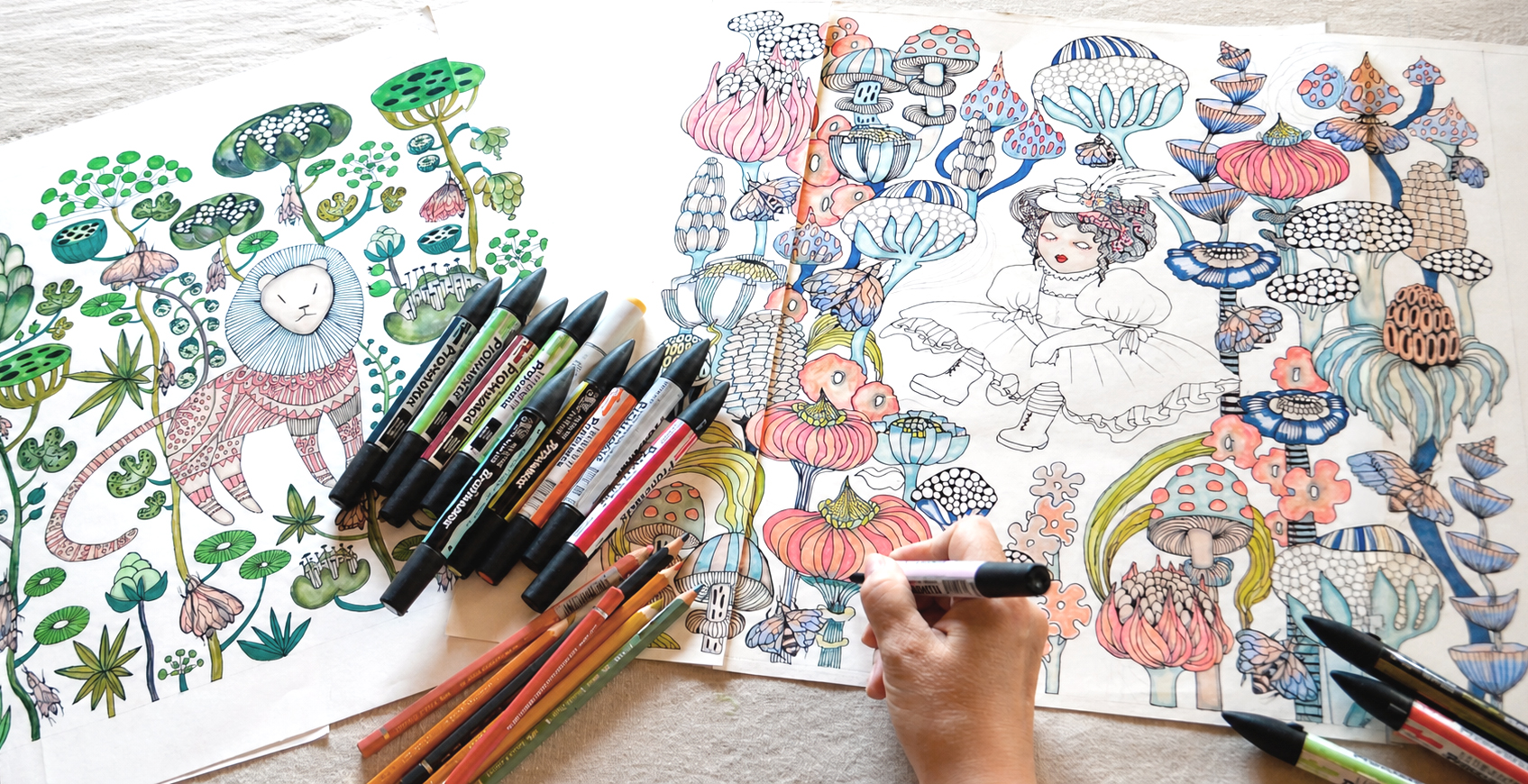 artwotk of cushion with sill pike, small girl around fantasy flowers, lion around green forest