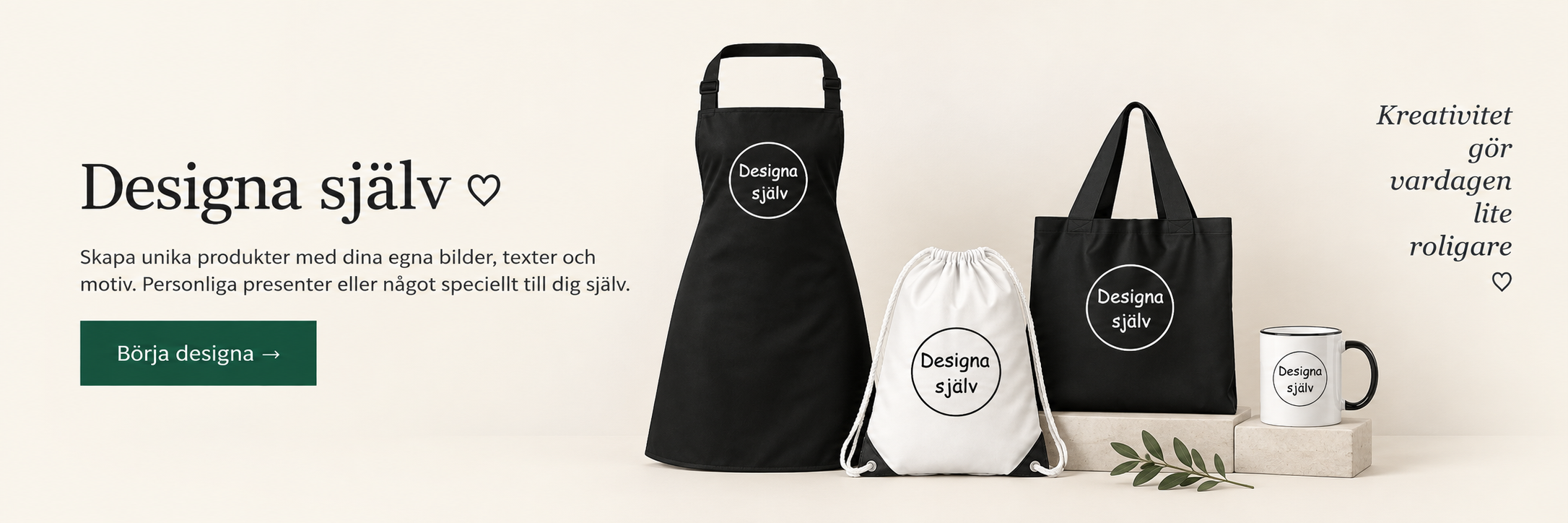 Designa själv med personliga produkter som förkläde, gympapåse, tygväska och mugg