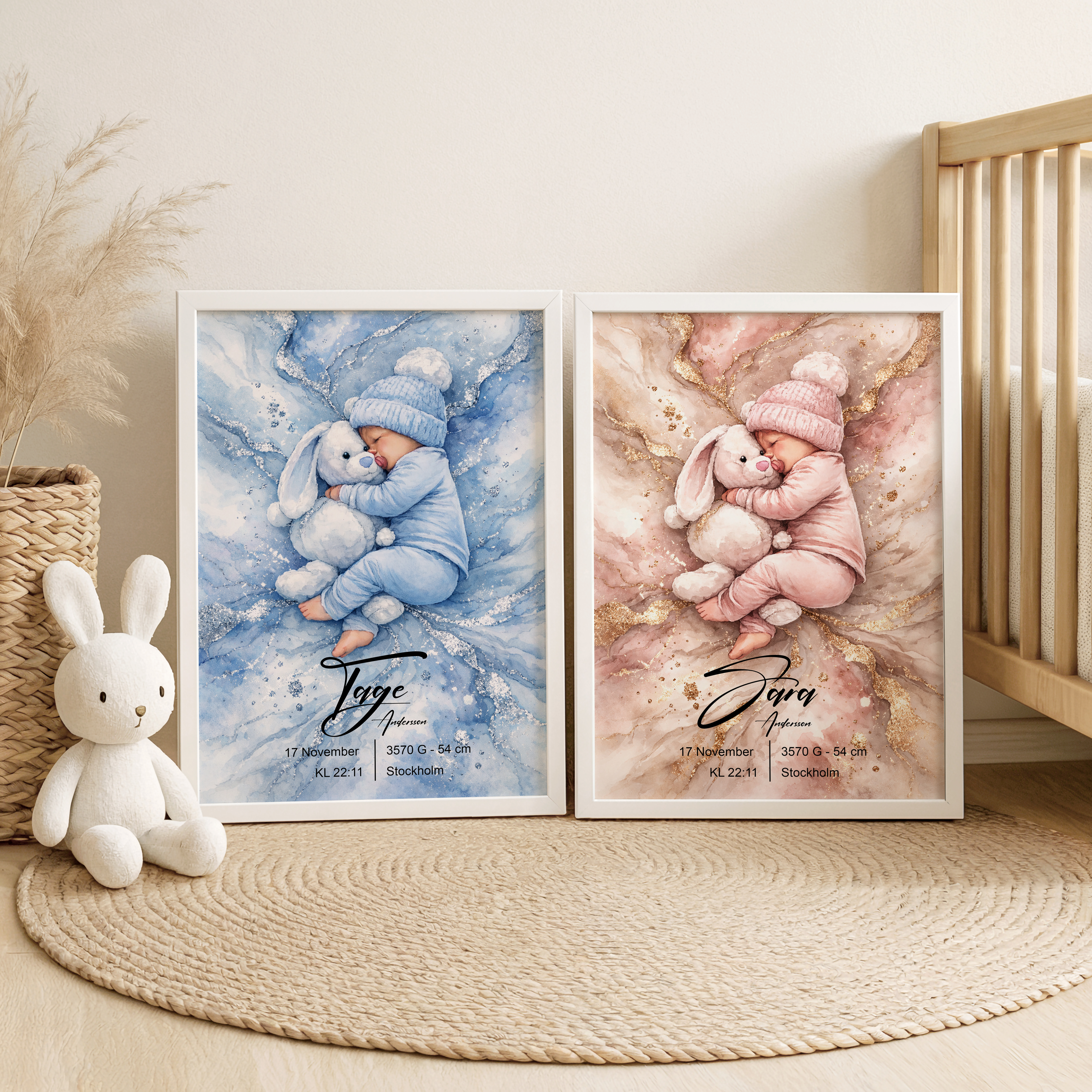 Doptavlor med sovande baby och kanin