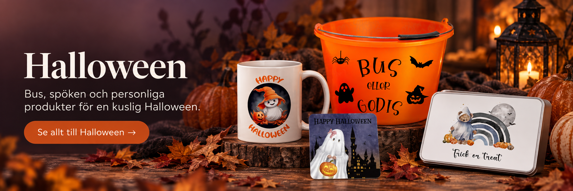 Halloweenprodukter med Halloweenmugg, magnet, Halloweenhink och Halloweenburk