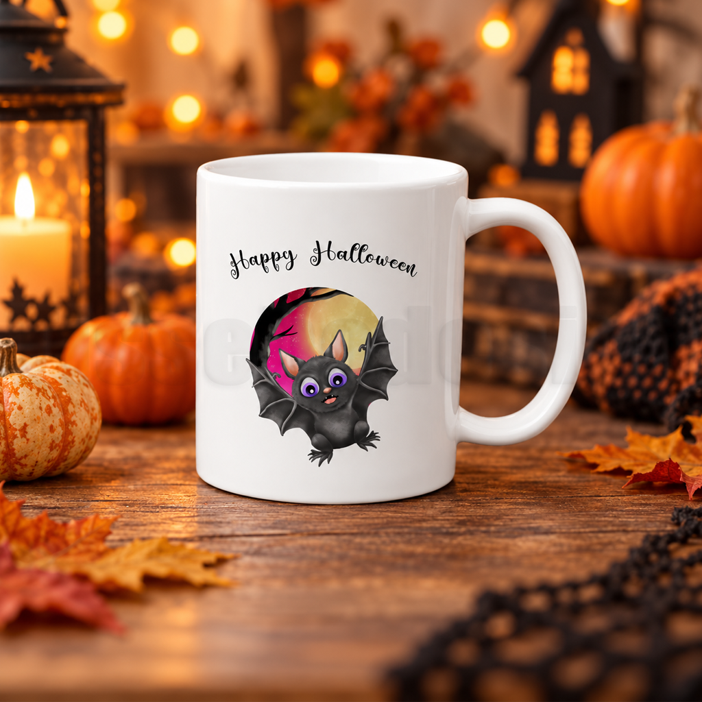 Halloweenmugg Happy Halloween med fladdermus i höstmiljö