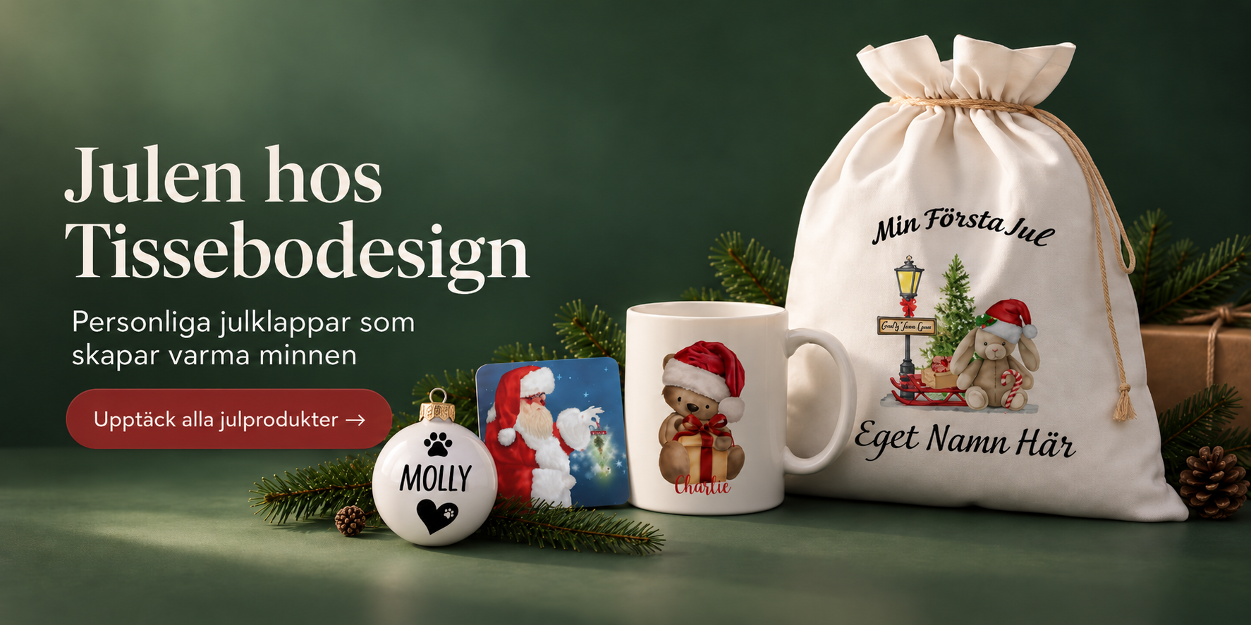 Personliga julprodukter med julsäck, julmugg, julkula och julmagnet