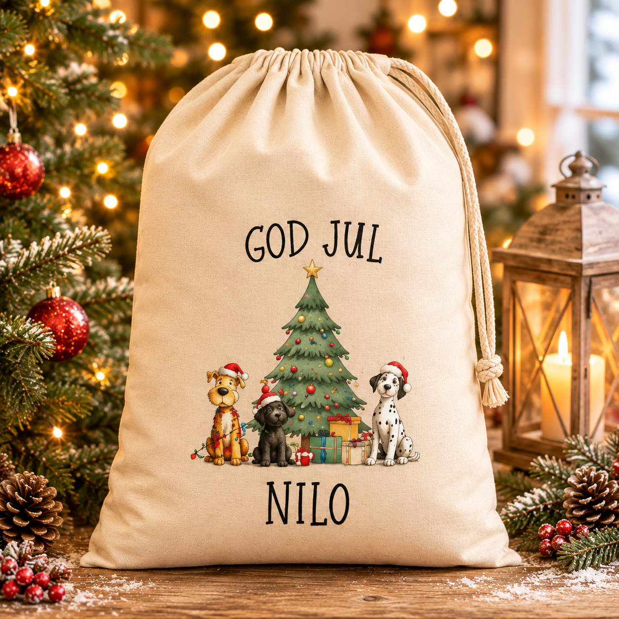 Personliga julsäckar med namn och julmotiv