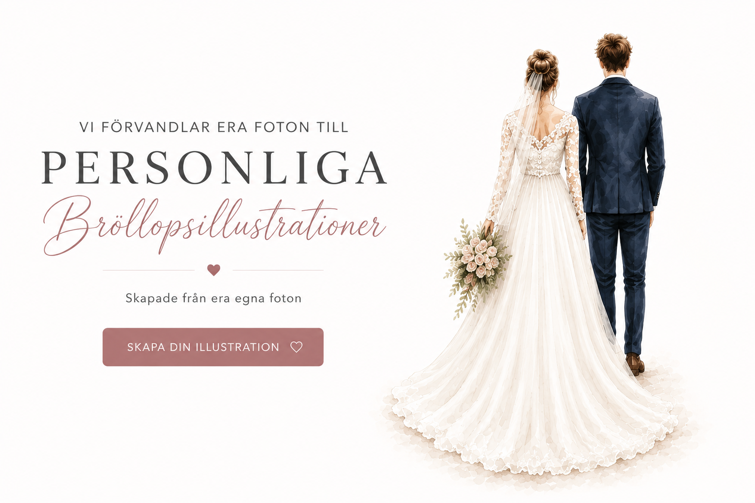 Personlig bröllopsillustration skapad från egna foton med brudpar bakifrån