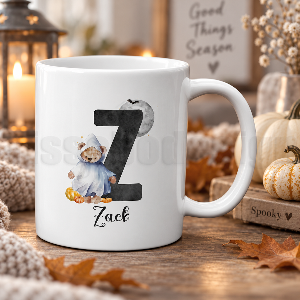 Personlig Halloweenmugg med bokstaven Z, namnet Zack och spöknalle