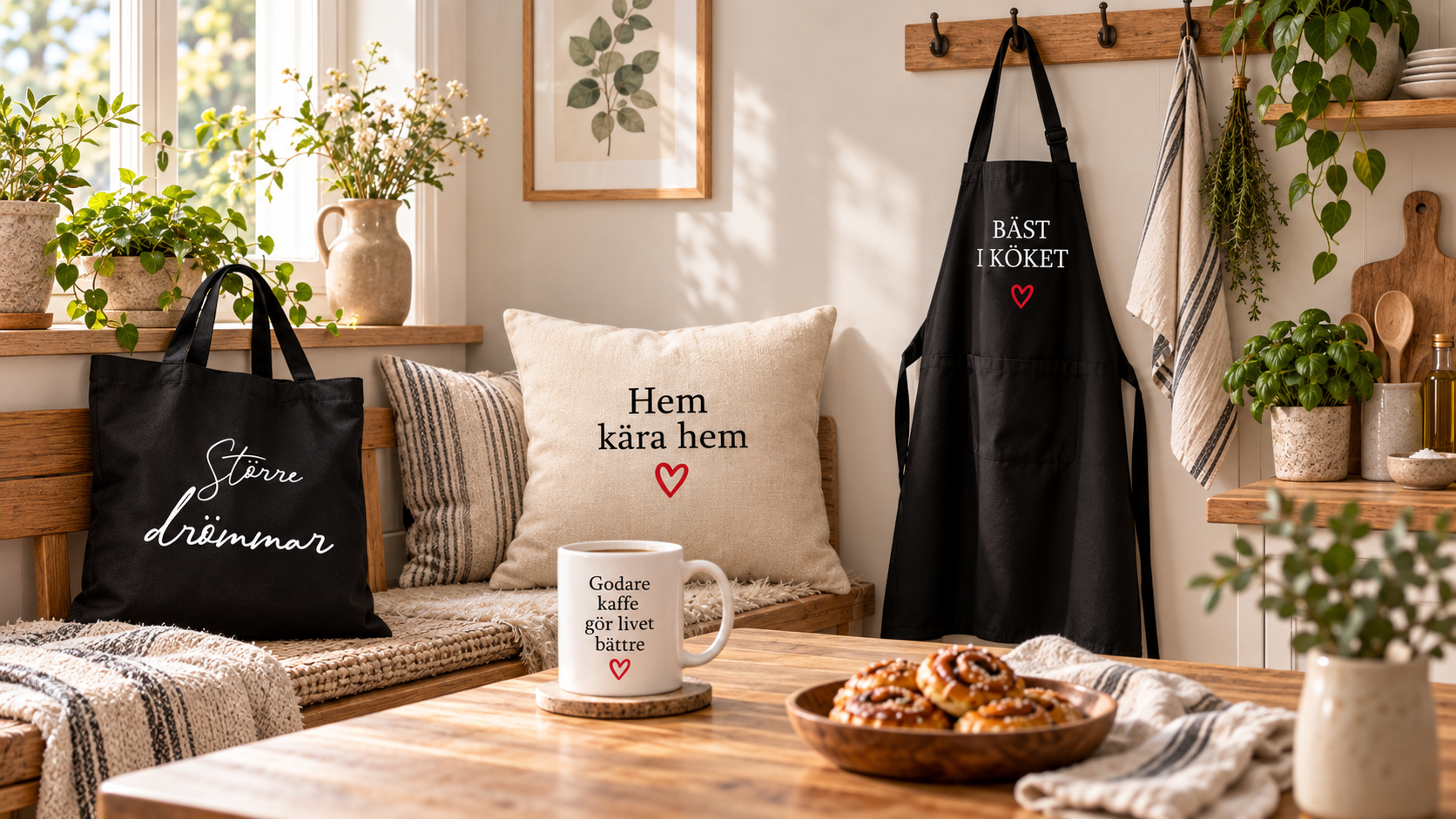 Personliga produkter med tygväska, mugg, kuddfodral och förkläde