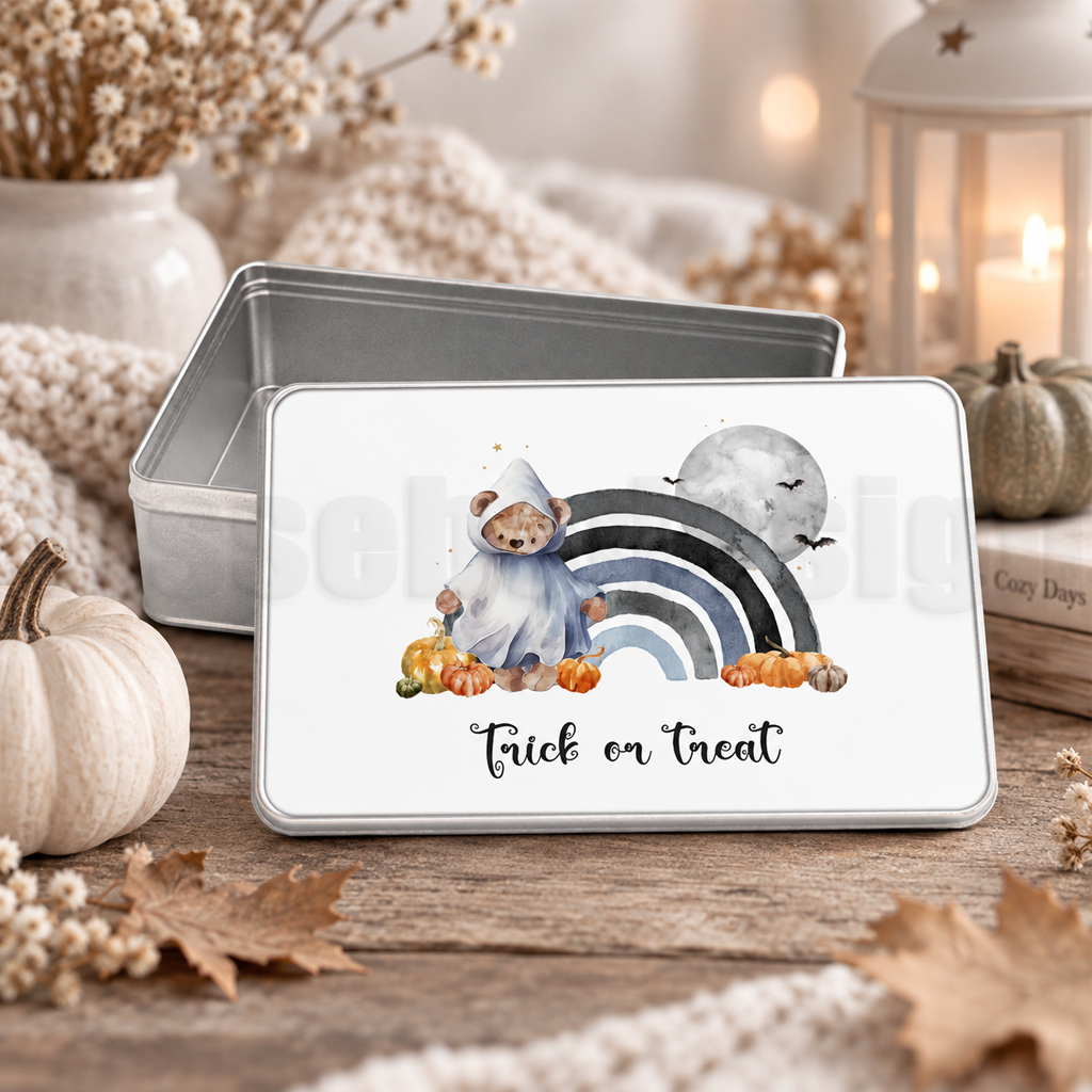 Halloweenburk Trick or Treat med spöknalle och regnbåge