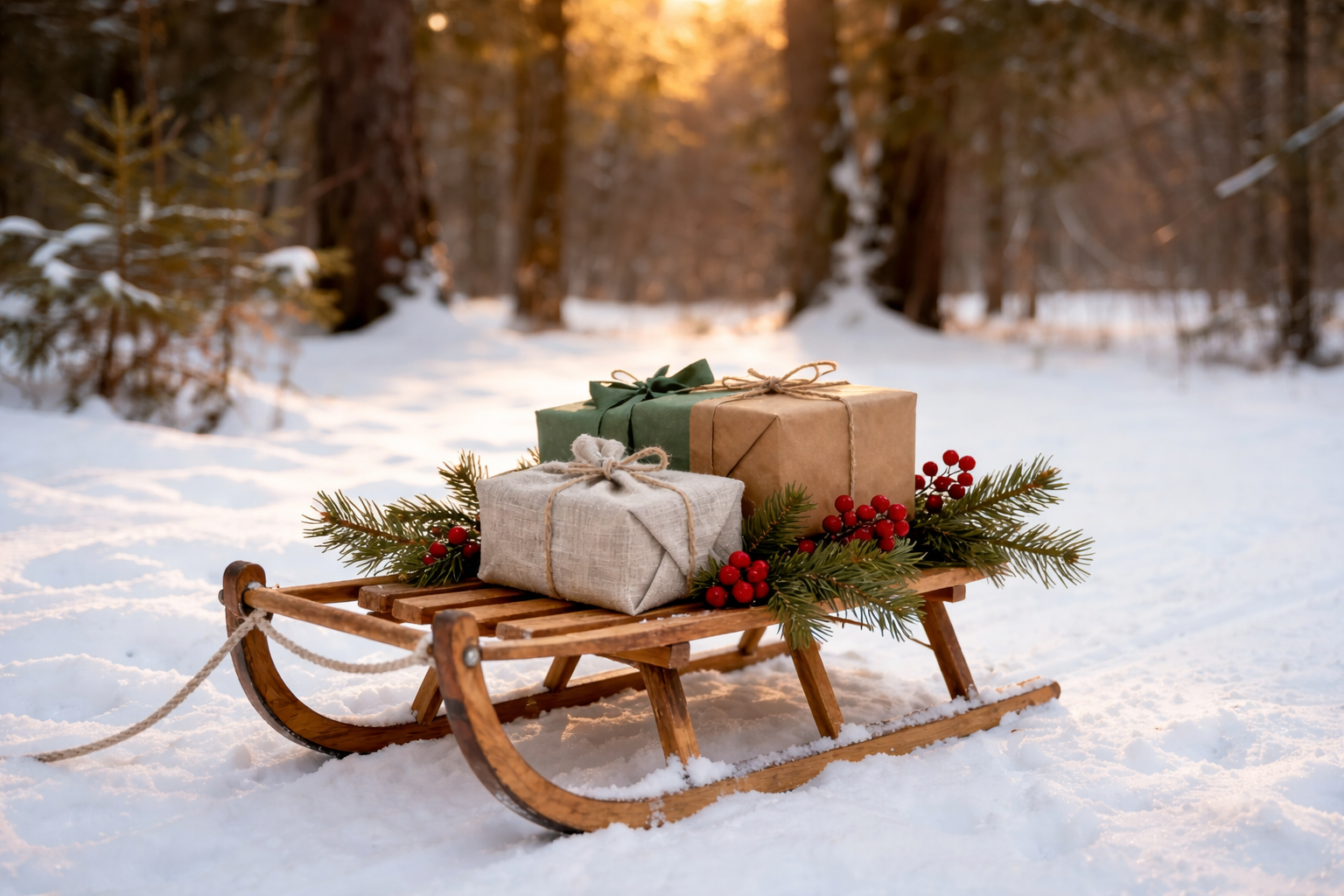 Julklappar på träsläde i snötäckt skog i varmt vinterljus