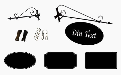 Klassiska hängande gårdsskyltar och tillbehör.