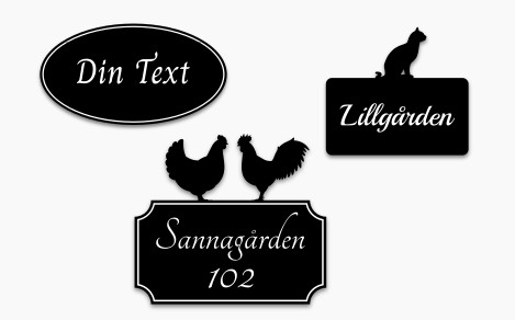 Gårdsskyltar för montering på vägg.