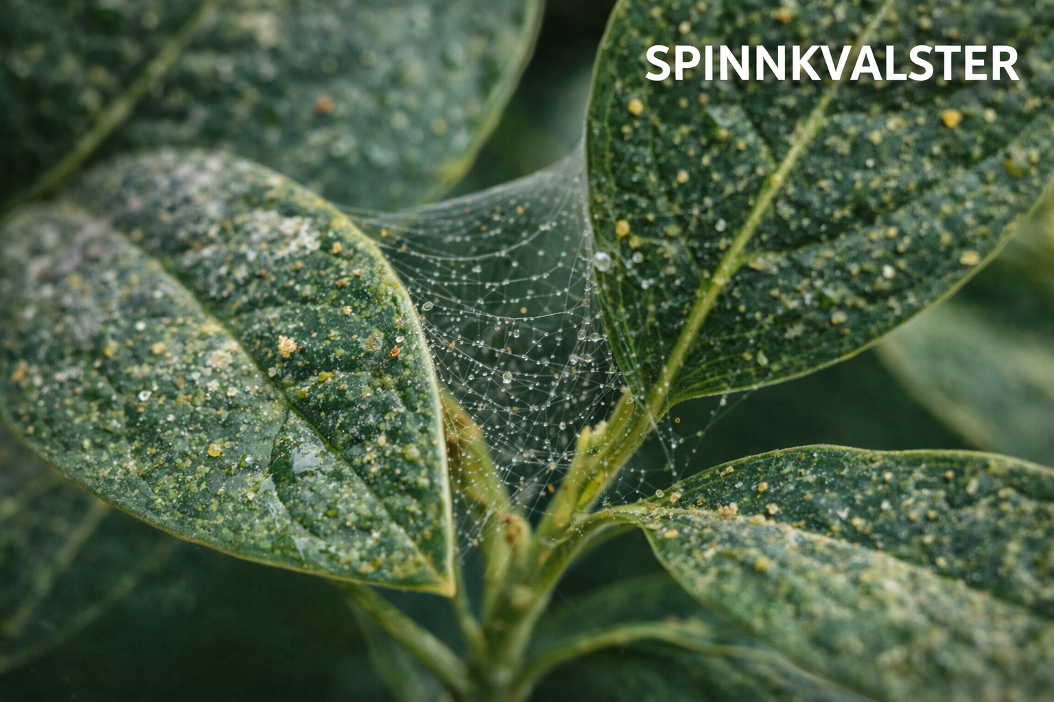 Spinnkvalster på krukväxtblad med tunna spindeltrådar och ljusa prickar