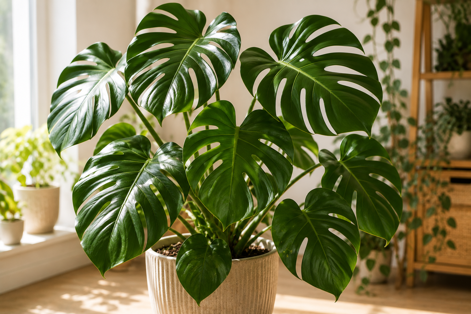 Stor frisk Monstera med gr&ouml;na blad utan bruna bladkanter i ett ljust rum