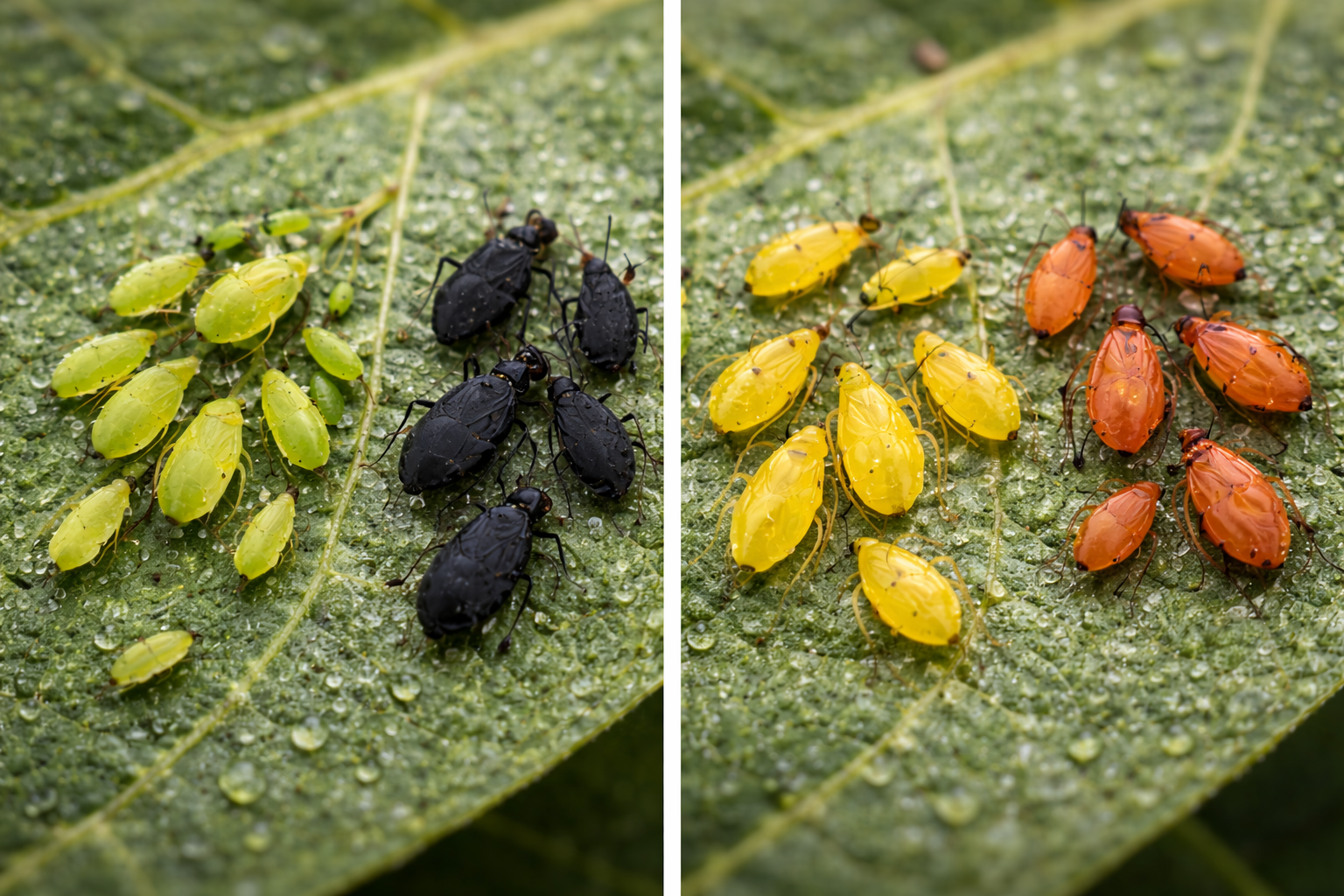 N&auml;rbild av bladl&ouml;ss i olika f&auml;rger p&aring; blad &ndash; gr&ouml;na, svarta, gula och r&ouml;da bladl&ouml;ss