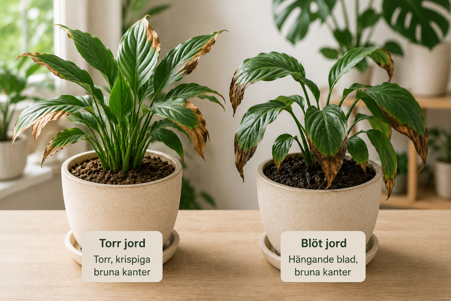 J&auml;mf&ouml;relse mellan krukv&auml;xt i torr jord och krukv&auml;xt i bl&ouml;t jord med bruna bladkanter