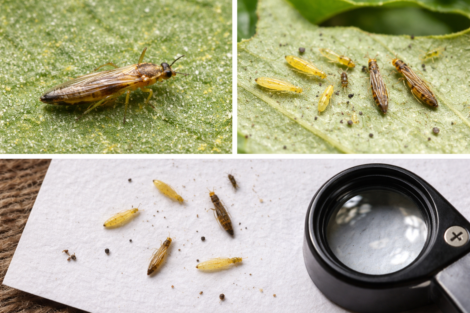 Trips i olika stadier på blad och papper med en lupp bredvid