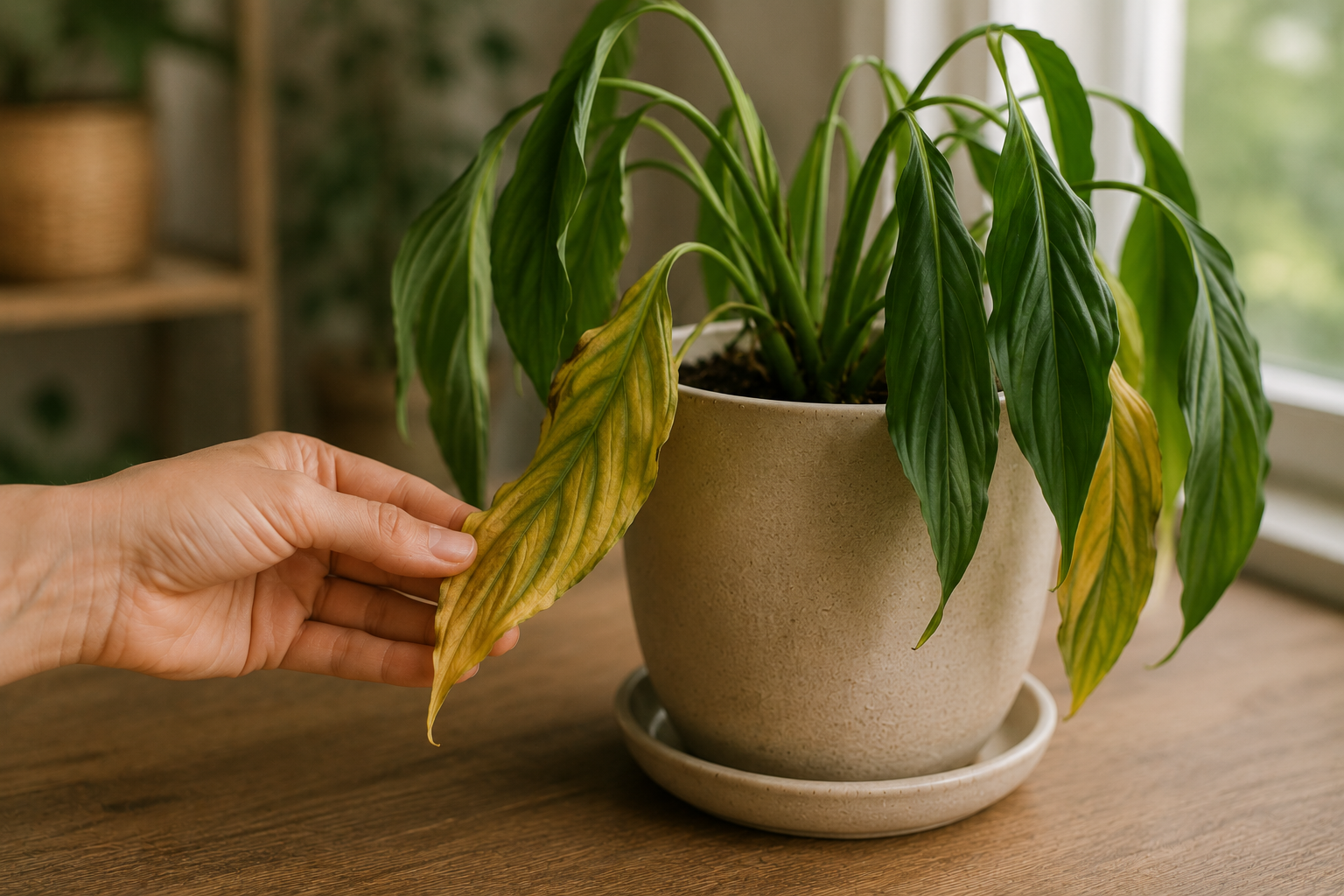 En slokande krukväxt med gula äldre blad efter stress
