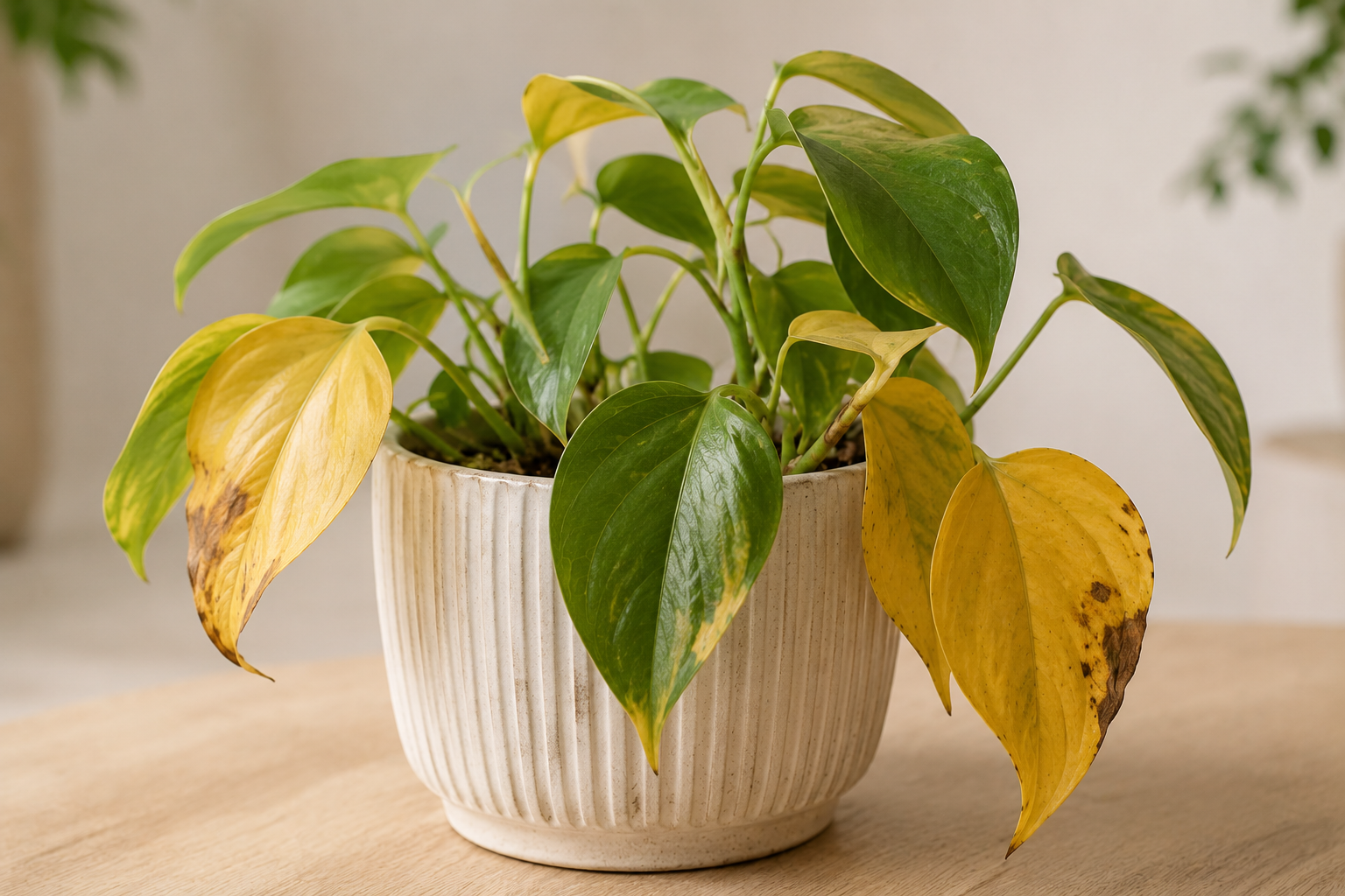 &Ouml;vervattnad krukv&auml;xt med gula blad
