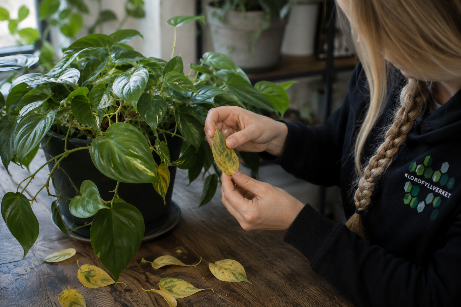 Paulina undersöker ett gulnande blad på en krukväxt för att hitta orsaken till bladfallet