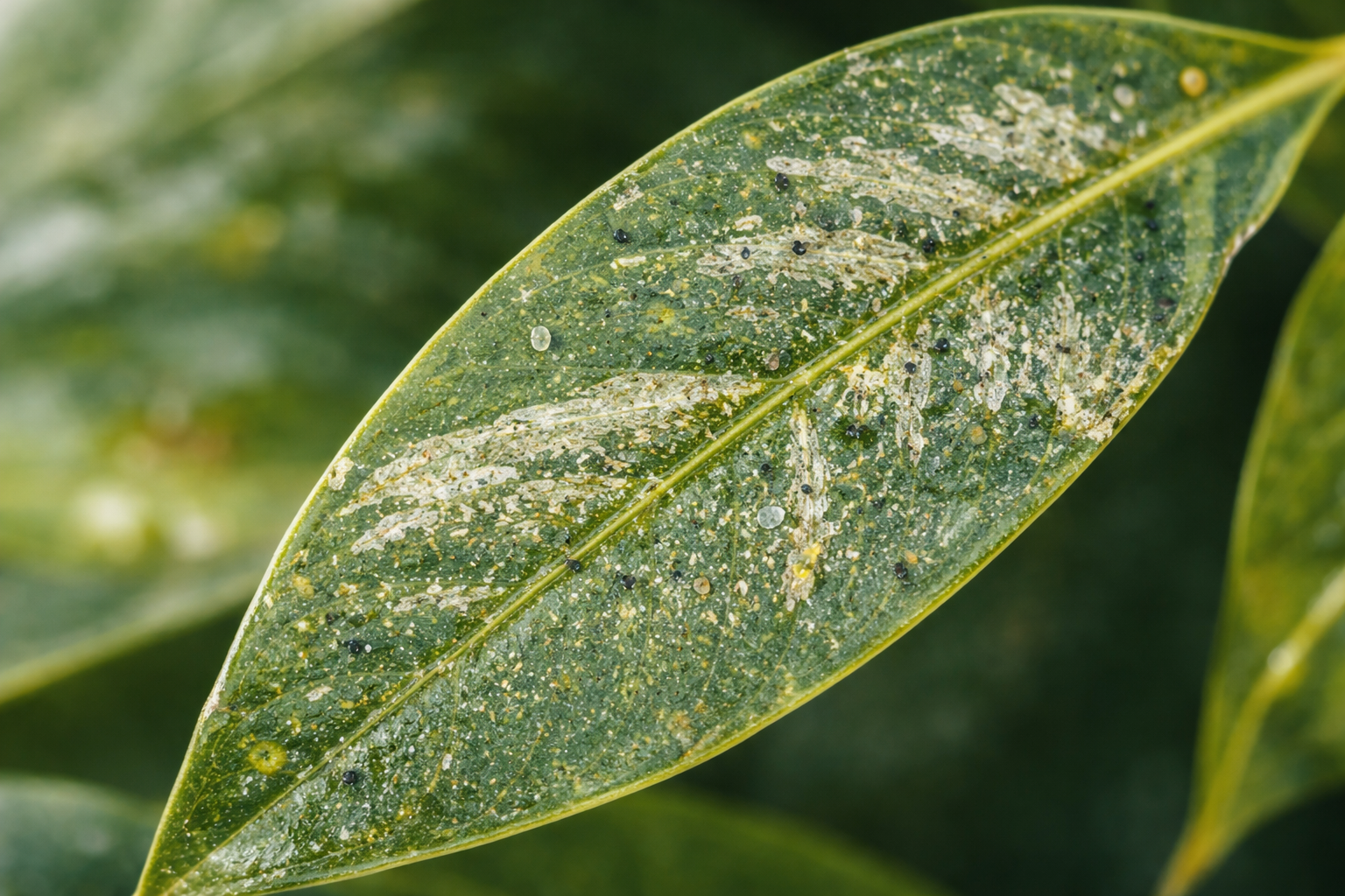 Trips skador på krukväxtblad med silverfärgade stråk och små svarta prickar