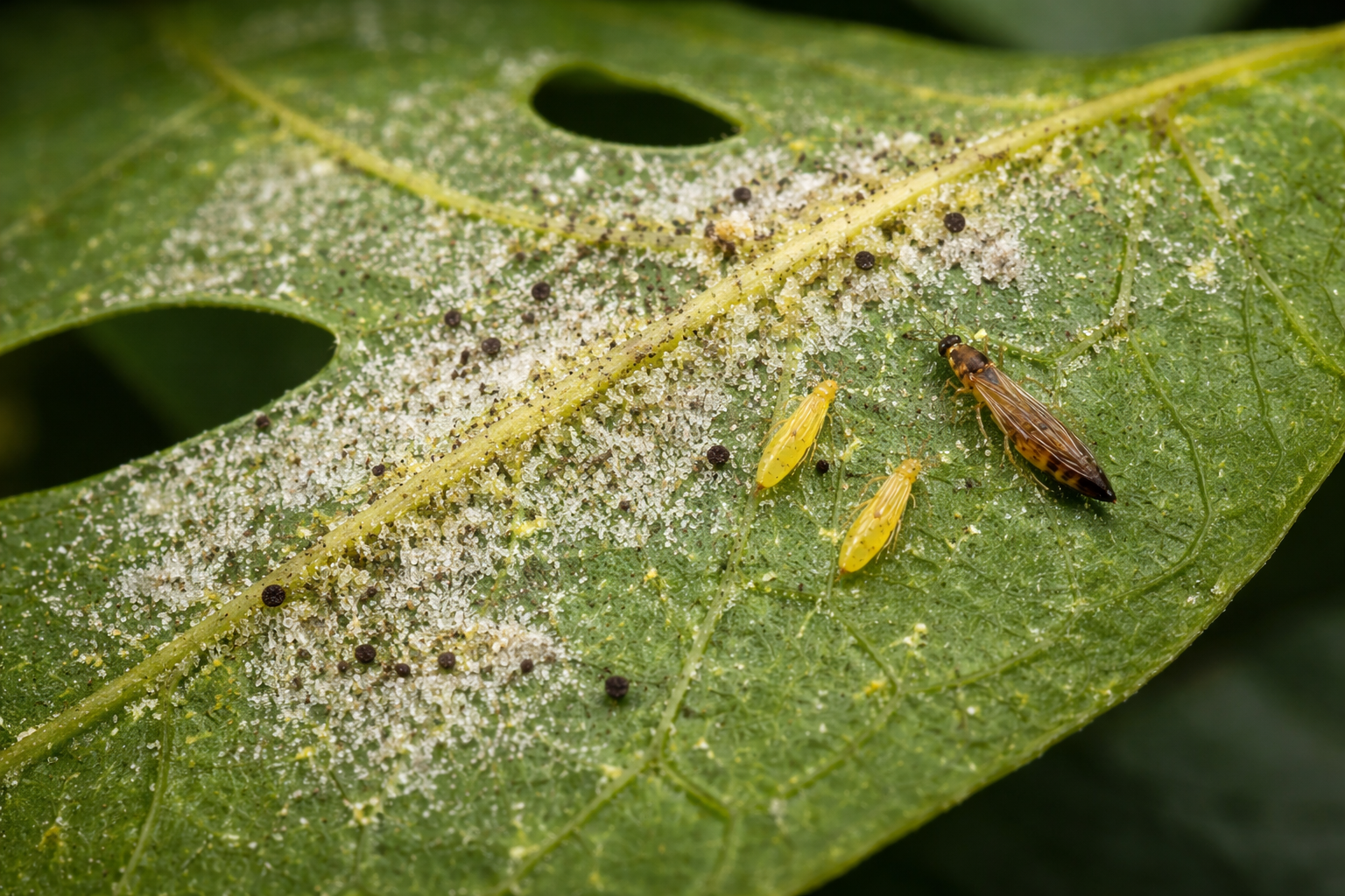 Trips-skador på blad med silvriga fläckar och små svarta prickar från ett angrepp på krukväxt.