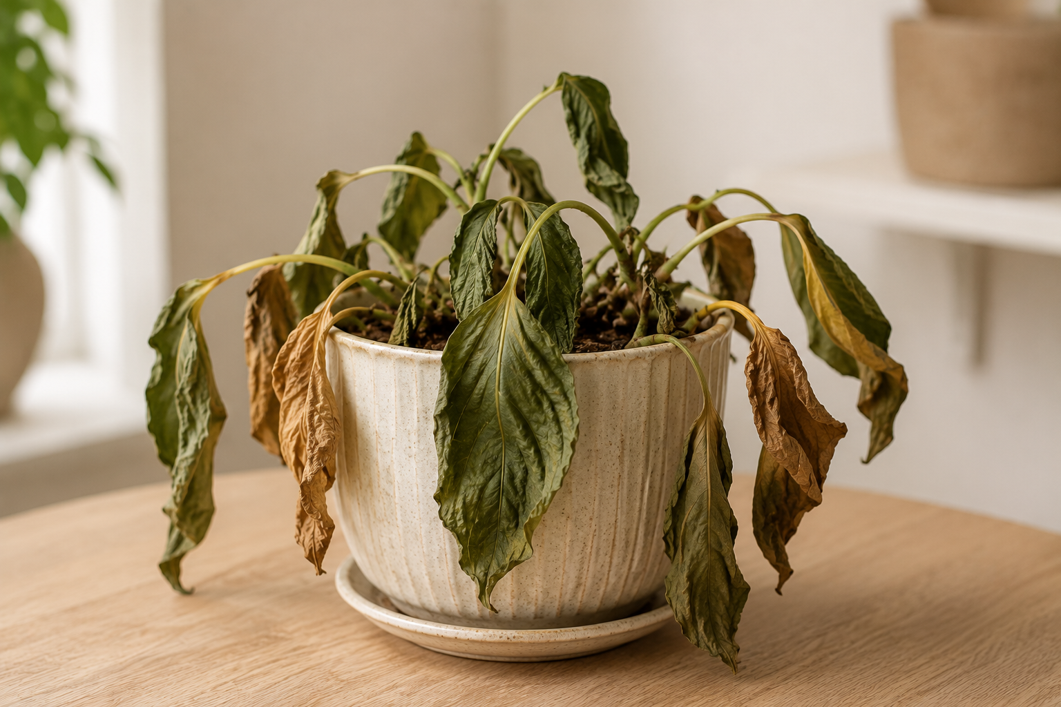 Undervattnad krukv&auml;xt med torra och slokande blad