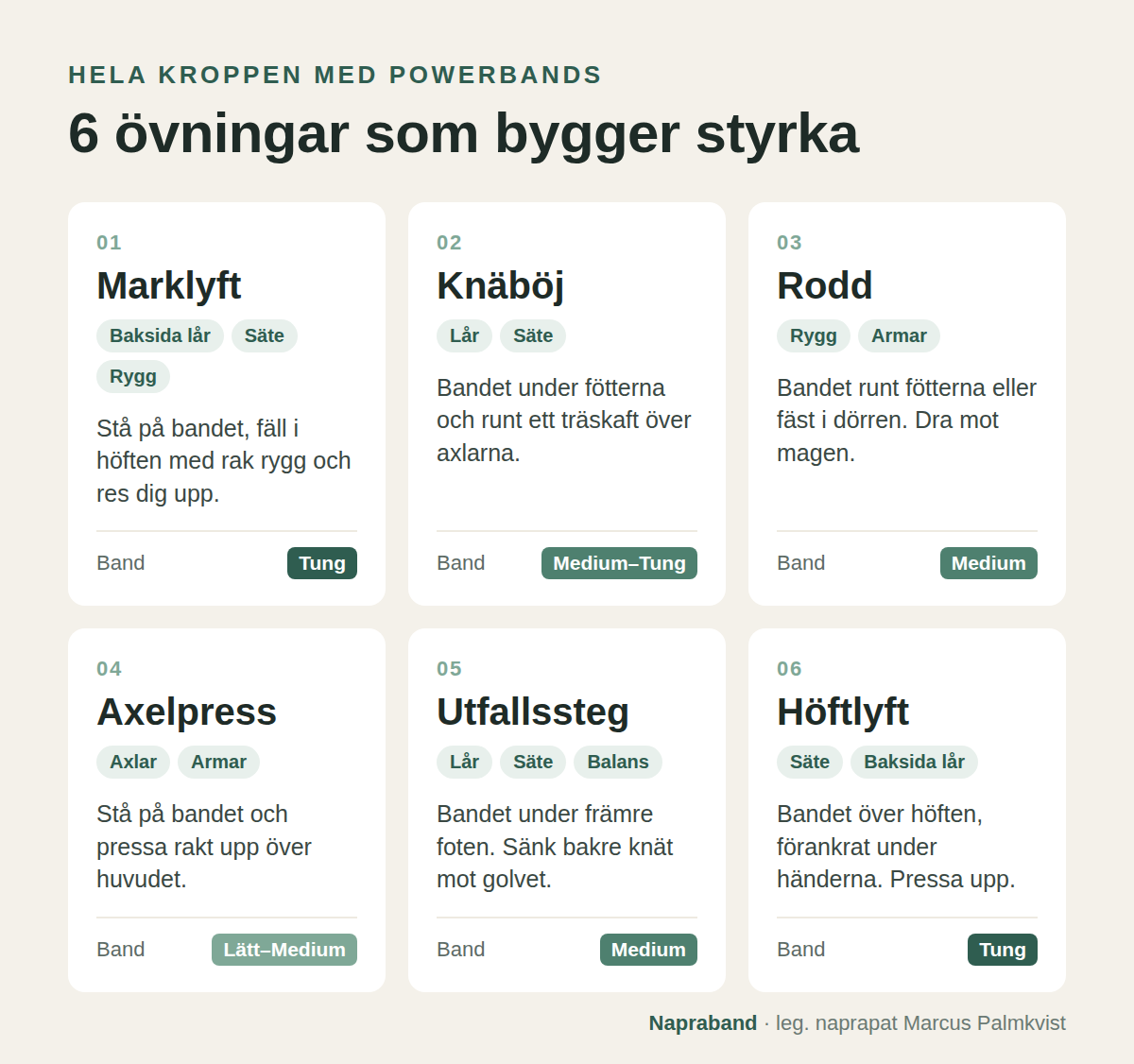 Sex övningar med powerbands och rekommenderat motstånd: marklyft, knäböj, rodd, axelpress, utfallssteg och höftlyft