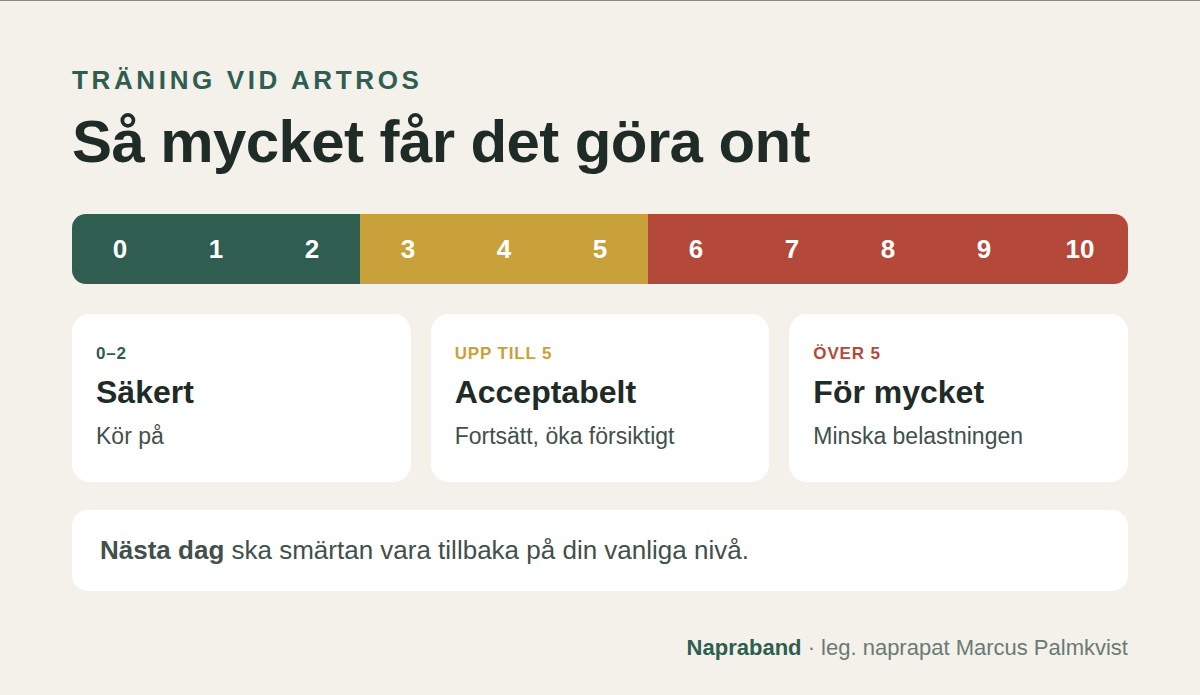 Smärtskala vid träning med artros: 0 till 2 är säkert, upp till 5 är acceptabelt, över 5 är för mycket. Nästa dag ska smärtan vara tillbaka på vanlig nivå