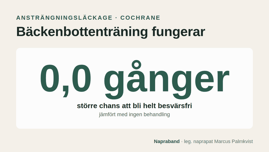 Bäckenbottenträning ger åtta gånger större chans att bli av med ansträngningsläckage jämfört med ingen behandling
