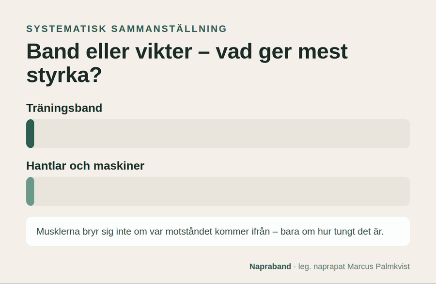 Träningsband och vikter ger lika stor styrkeökning enligt en systematisk sammanställning – det avgörande är hur tungt det är