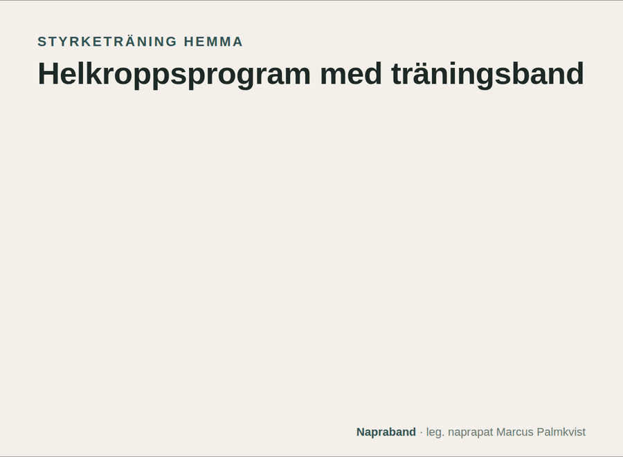 Helkroppsprogram med träningsband: knäböj, rumänsk marklyft, höftlyft, rodd, press och benspark