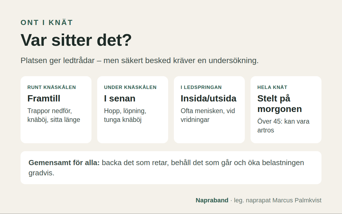 Vanliga orsaker till ont i knät: runt knäskålen, under knäskålen i senan, i ledspringan på insidan eller utsidan och hela knät med morgonstelhet